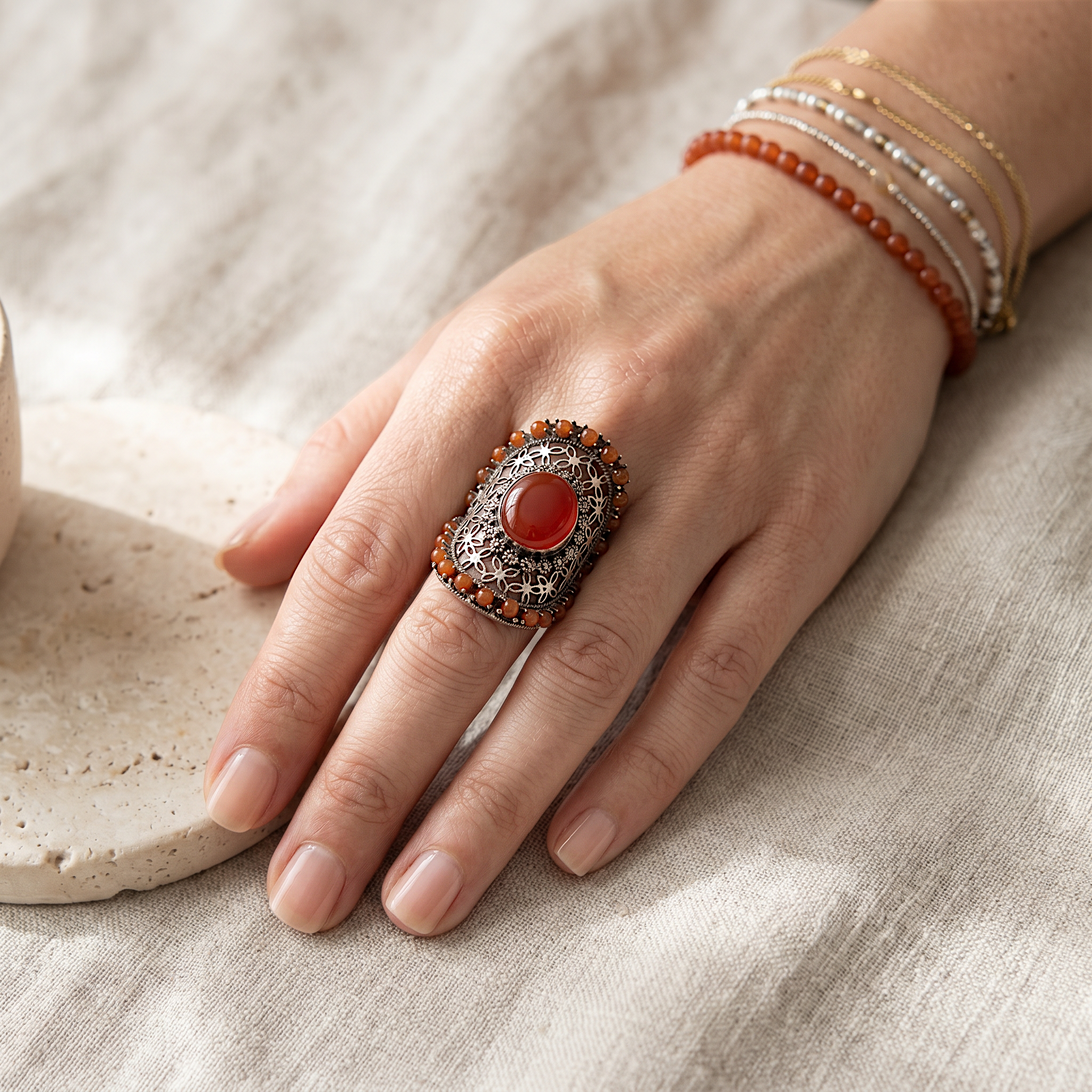 Bague Femme Argent 925 Cornaline Marcassite Ajourée-Vindicta : Bijoux Argent 925 Massif, Luxe et Héritage