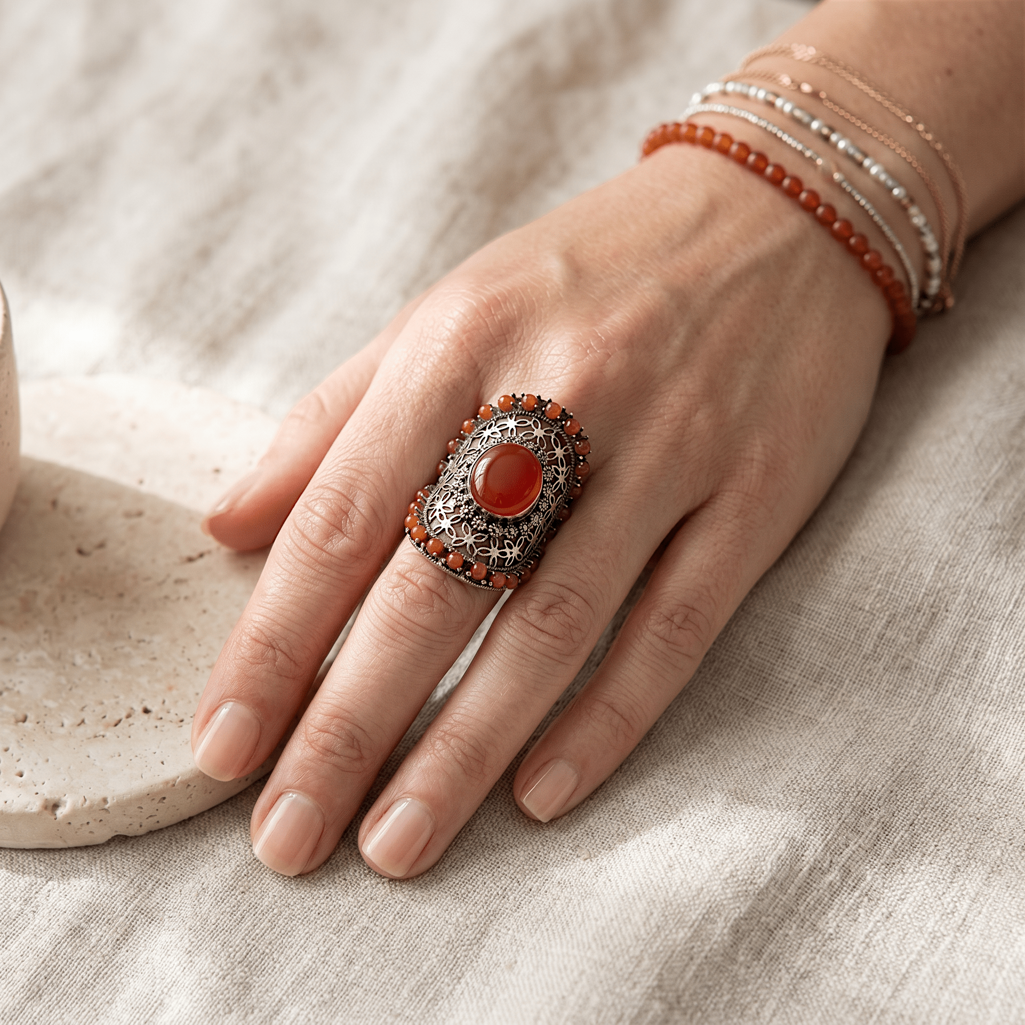 Bague Femme Argent 925 Cornaline Marcassite Ajourée - Argent 925 - Vindicta