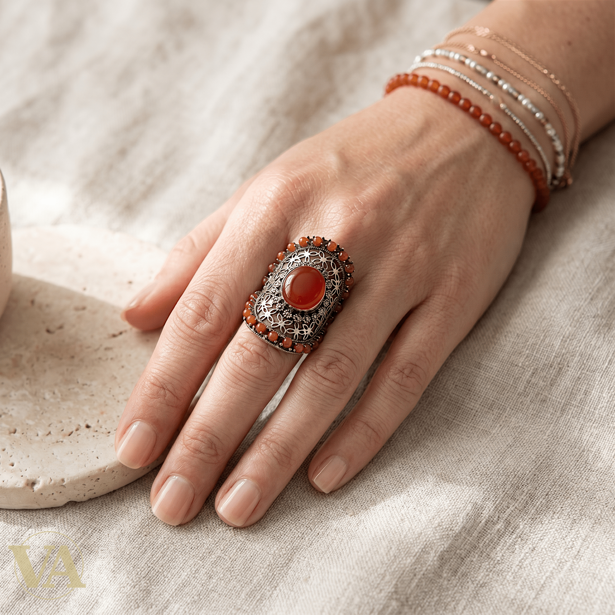 Bague Femme Argent 925 Cornaline Marcassite Ajourée