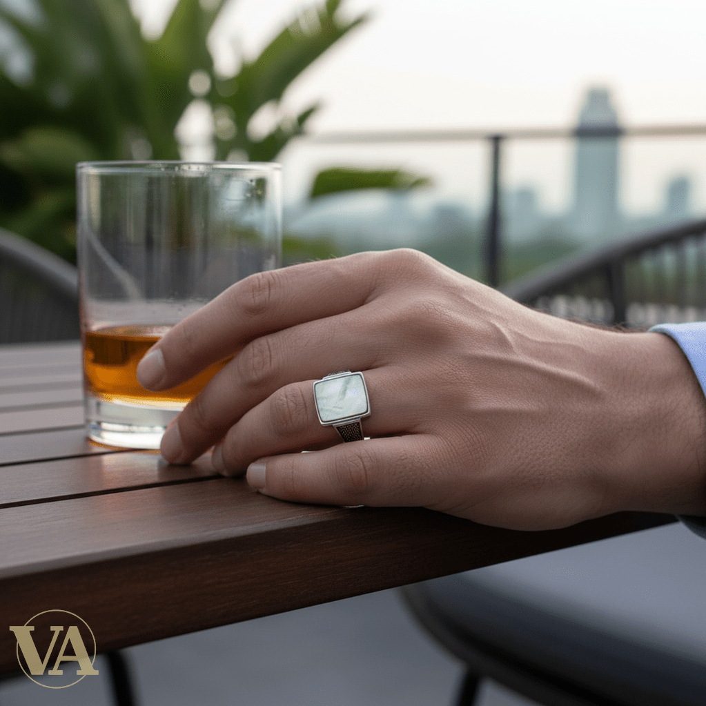 Chevalière Homme Argent 925 Nacre Gris Anthracite Cabochon Carré Ajouré - Argent 925 - Vindicta