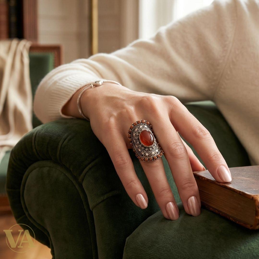 Bague Femme Argent 925 Cornaline Marcassite Ajourée