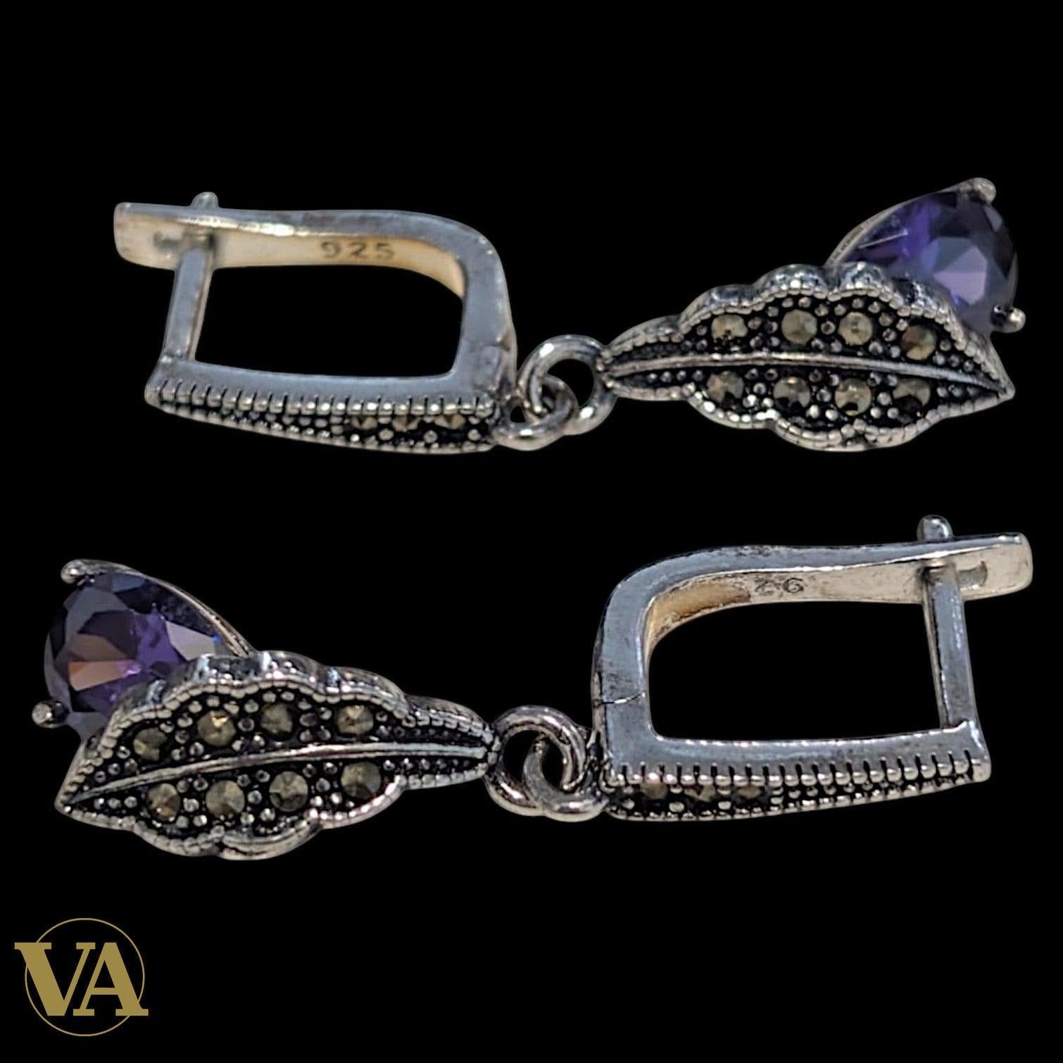 Boucles d’oreilles femme argent 925 améthyste et marcassite – Élégance vintage