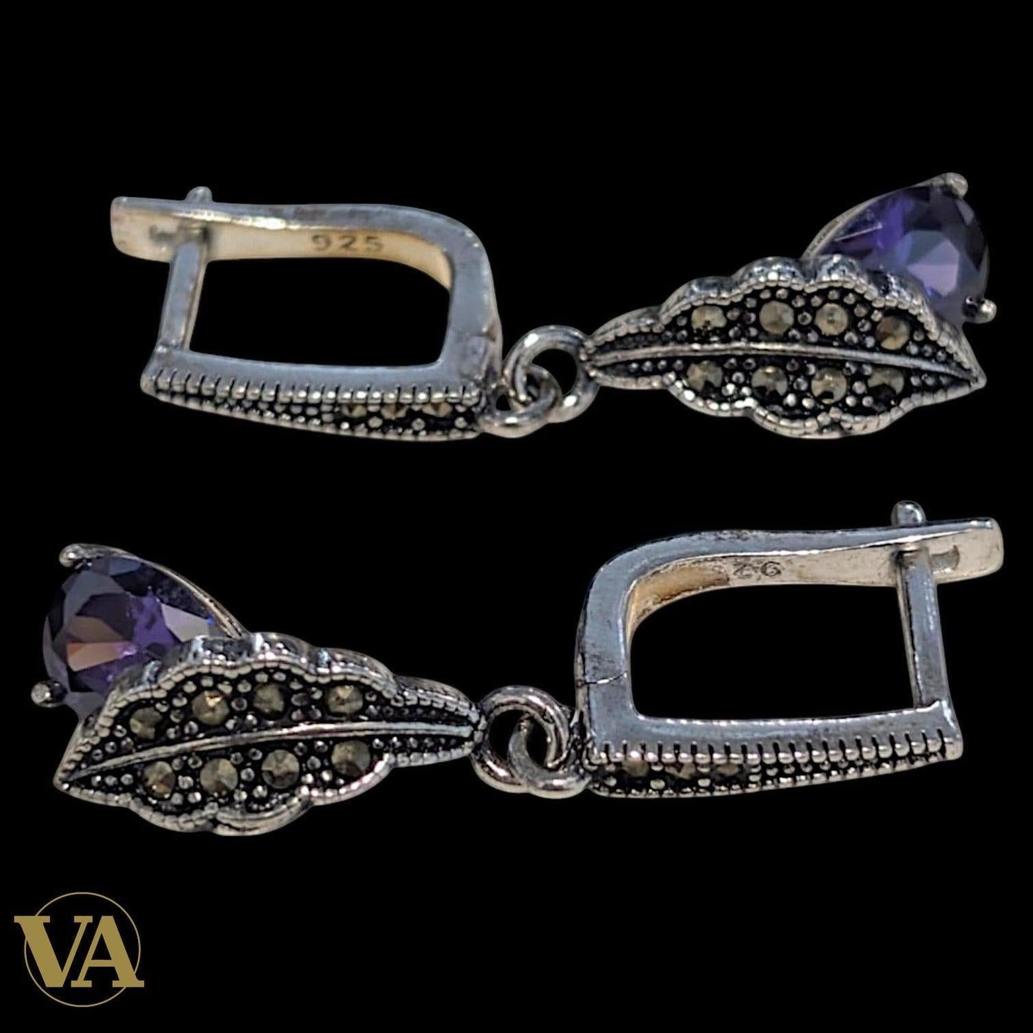 Boucles d’oreilles femme argent 925 améthyste et marcassite – Élégance vintage | Bijoux Vindicta