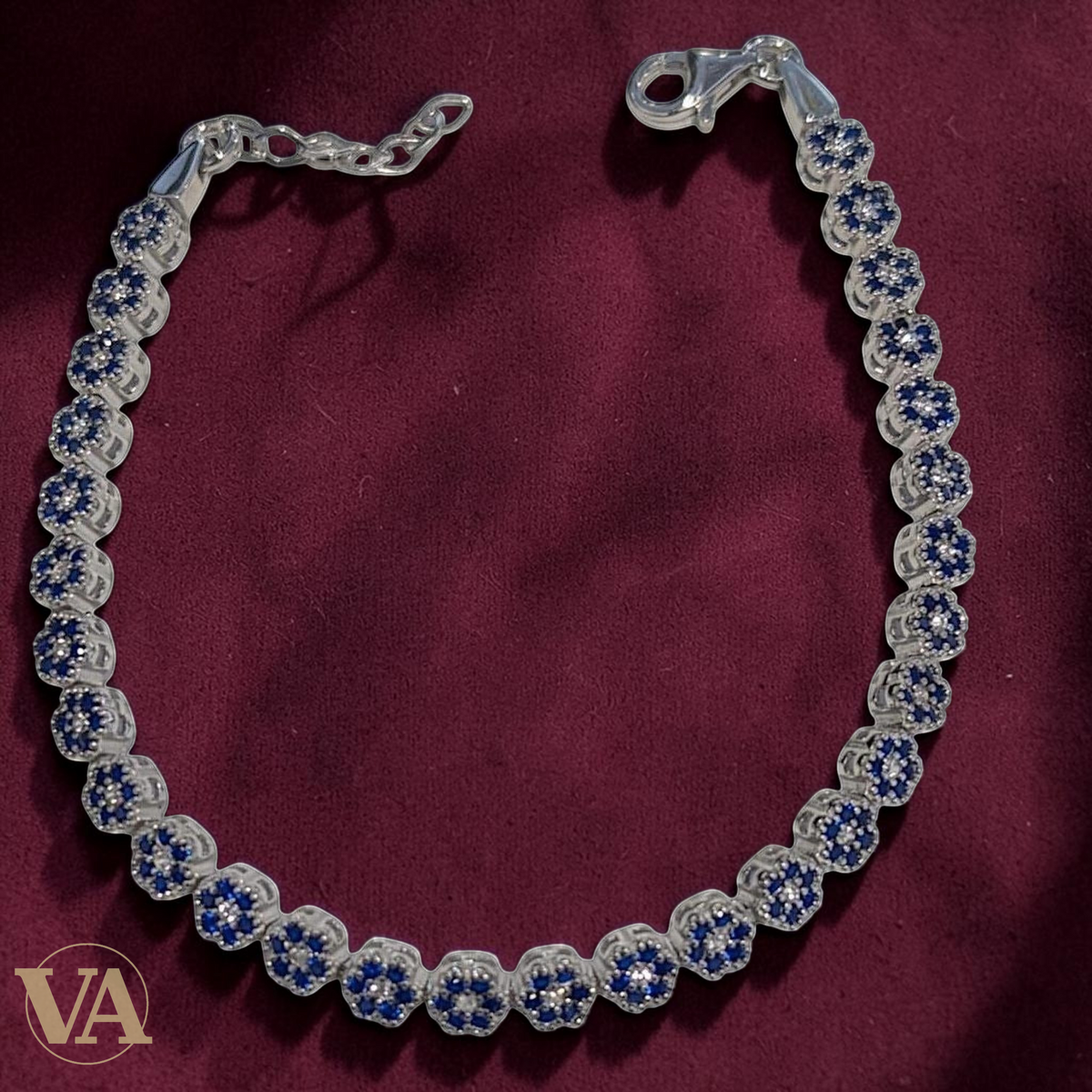 Bracelet Femme Argent 925 Oxydes Bleus – Motifs Rosace