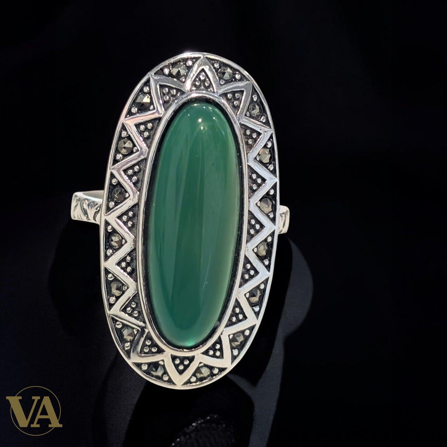 Bague Argent 925 Onyx Vert & Marcassites – Style Ottoman