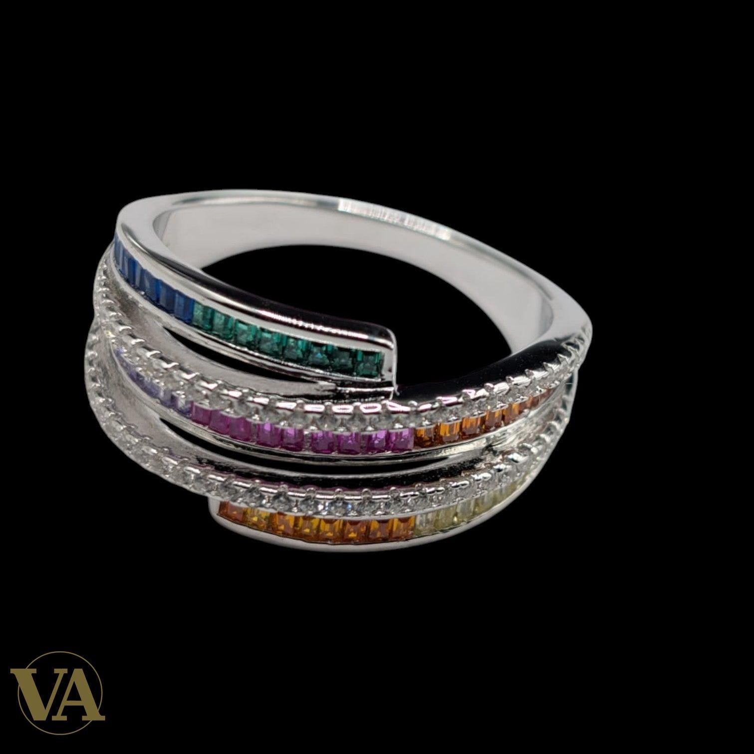 Bague Femme Argent 925 Multicolore – Design Croisé Arc-en-Ciel