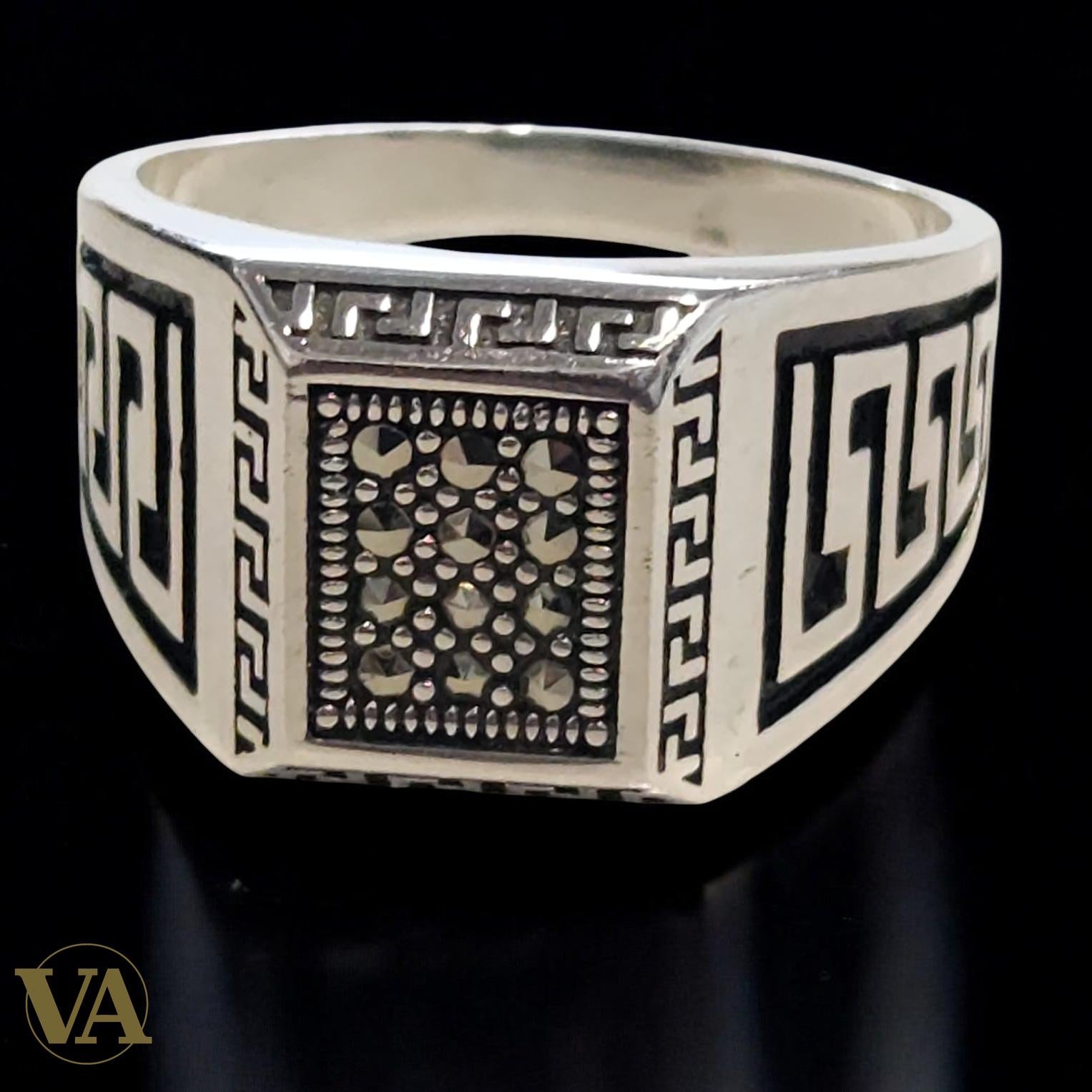 Bague homme argent 925 marcassite motif grec