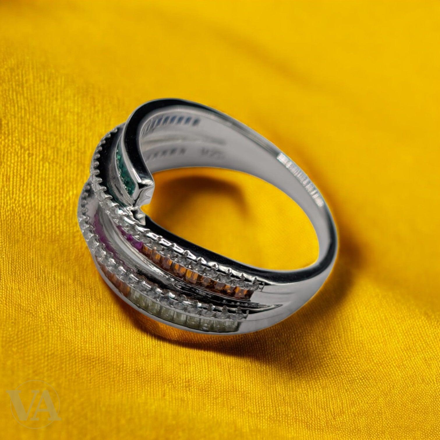 Bague Femme Argent 925 Multicolore – Design Croisé Arc-en-Ciel