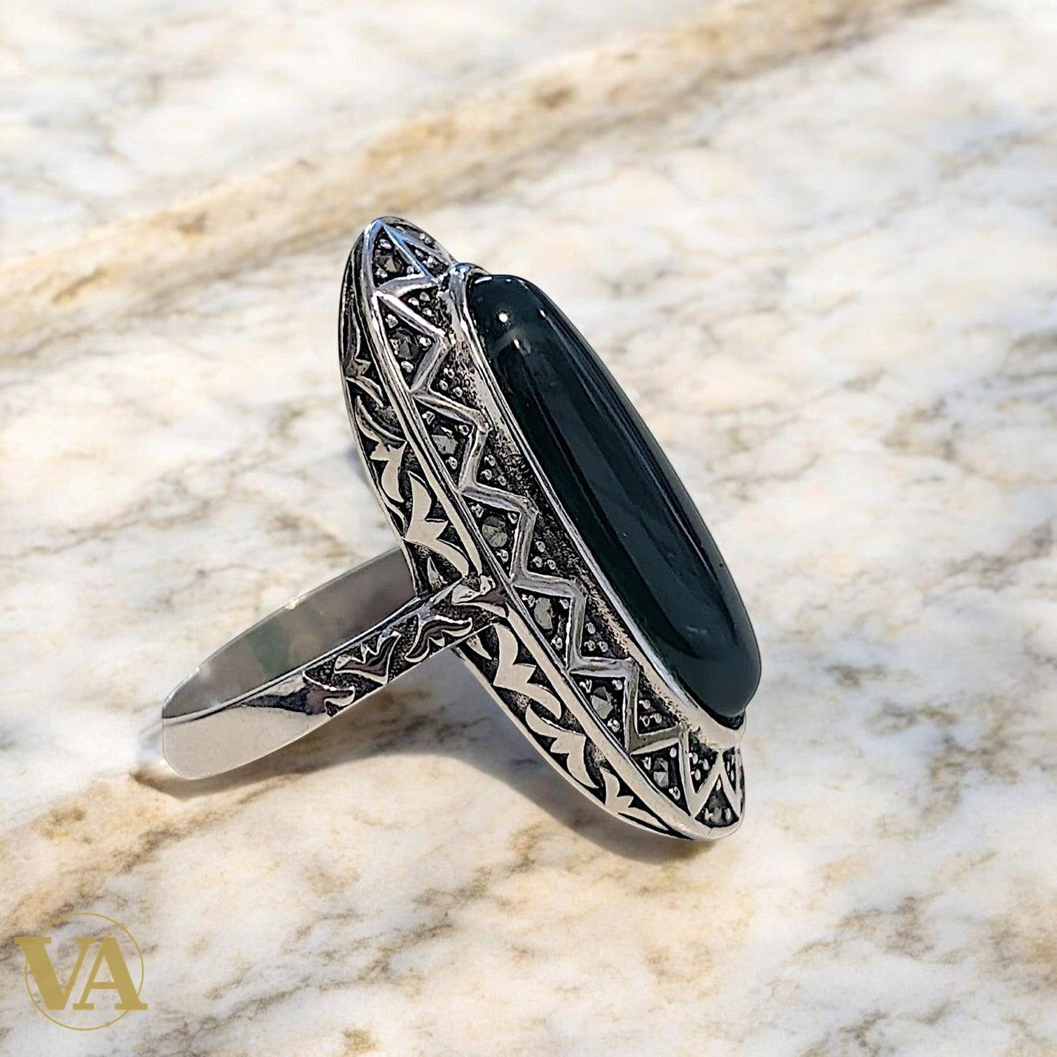 Bague femme Argent 925 Onyx Vert & Marcassites – Style Ottoman | Bijoux Vindicta