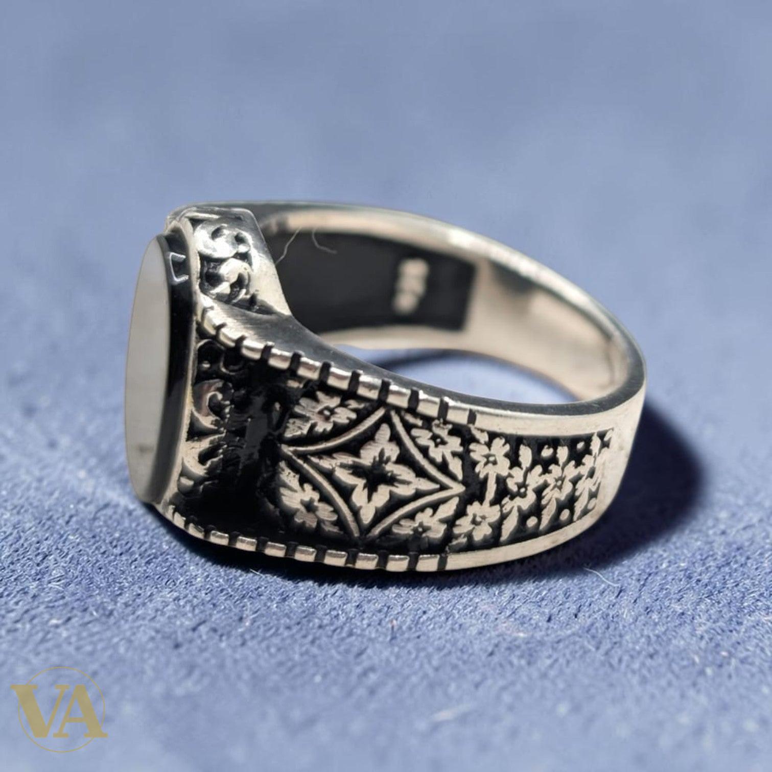 Chevalière Homme Argent 925 Onyx Noir Motifs Floraux Gravés - Argent 925 - Vindicta