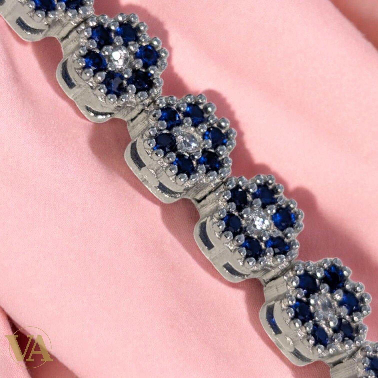 Bracelet Femme Argent 925 Oxydes Bleus – Motifs Rosace