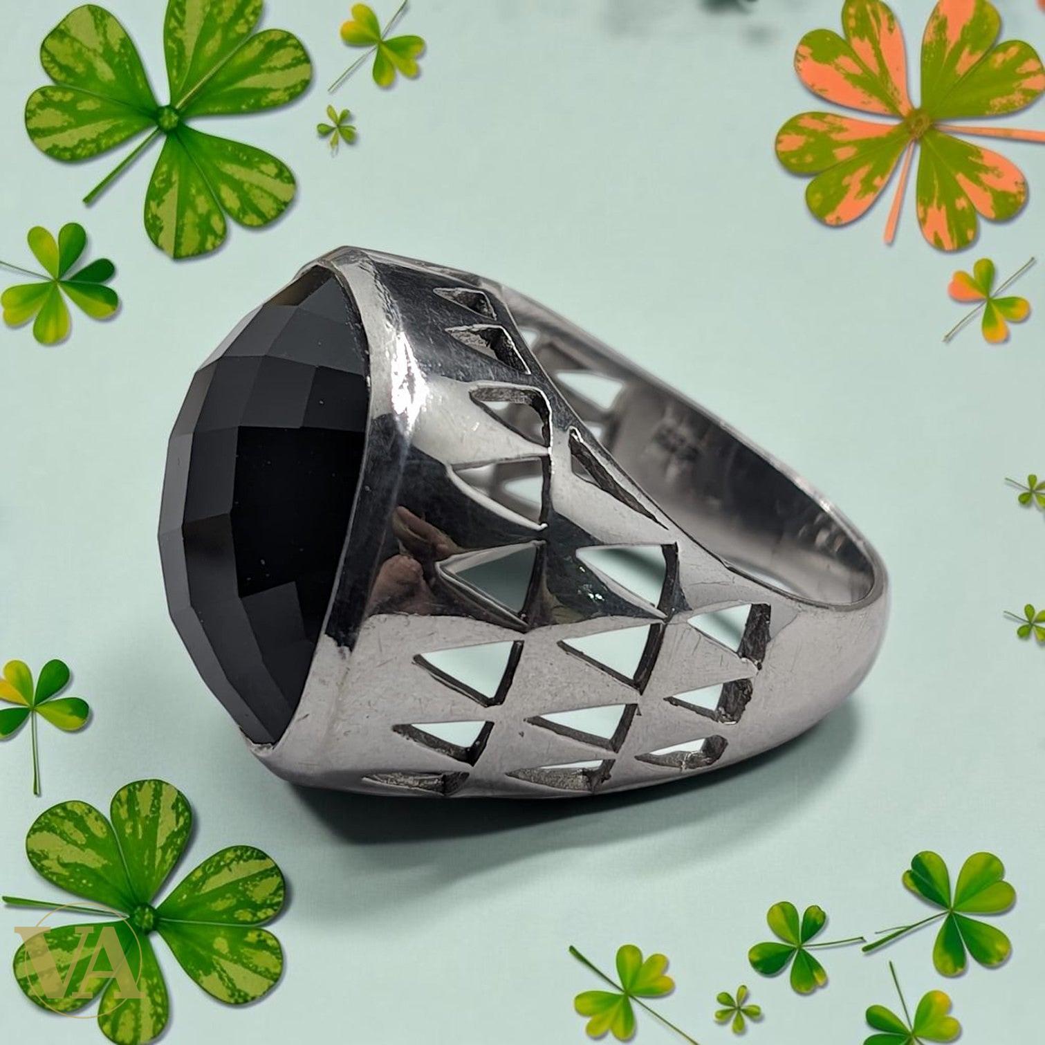 Bague femme argent 925 Onyx noir facetté chevalière tige ajourée géométrique-Vindicta : Bijoux Argent 925 Massif, Luxe et Héritage