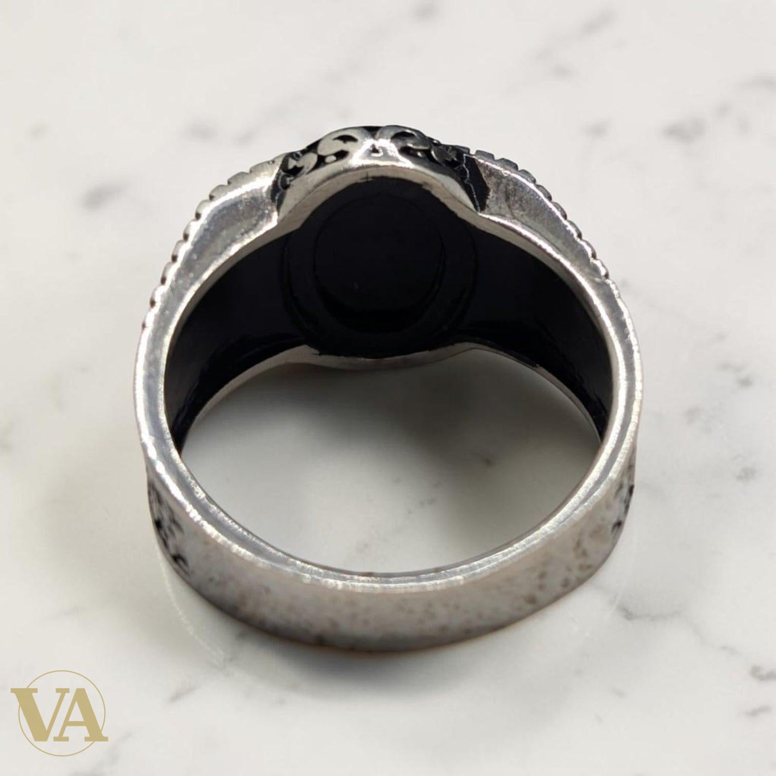 Chevalière Homme Argent 925 Onyx Noir Motifs Floraux Gravés - Argent 925 - Vindicta