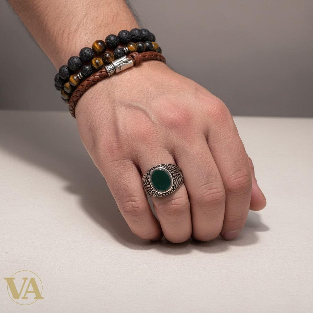 Chevalière Homme Argent 925 Aventurine Verte
