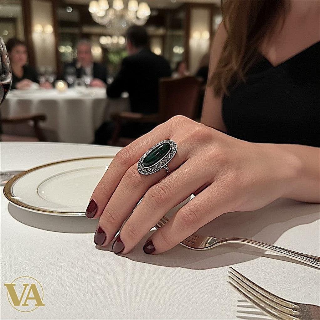 Bague femme Argent 925 Onyx Vert & Marcassites – Style Ottoman | Bijoux Vindicta