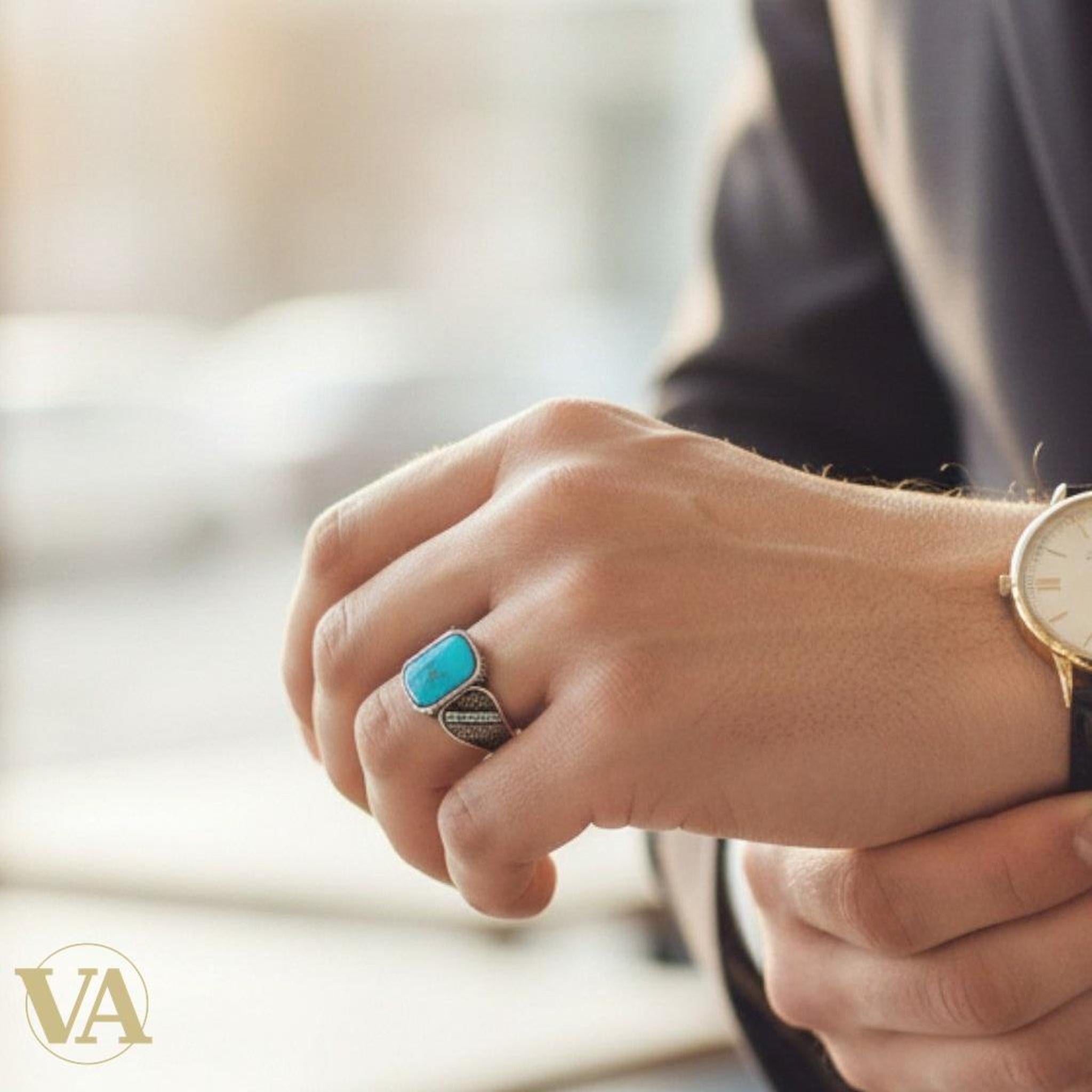 Bague Homme Argent 925 – Turquoise Naturelle & Marcassite - Argent 925 - Vindicta