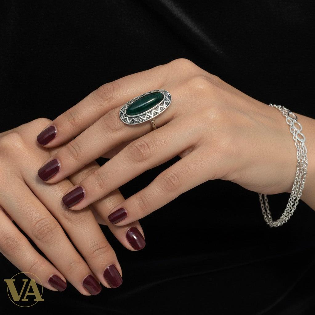 Bague Argent 925 Onyx Vert & Marcassites – Style Ottoman