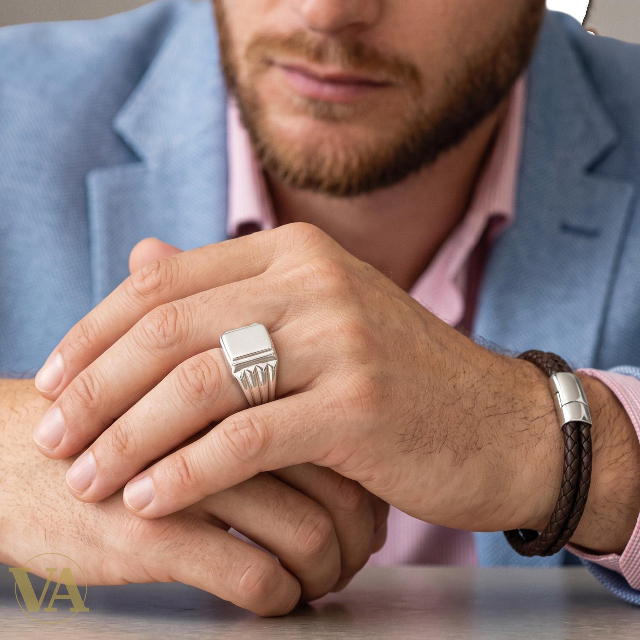 Chevalière Homme Argent 925 Plateau Poli Stries Diagonales - Argent 925 - Vindicta