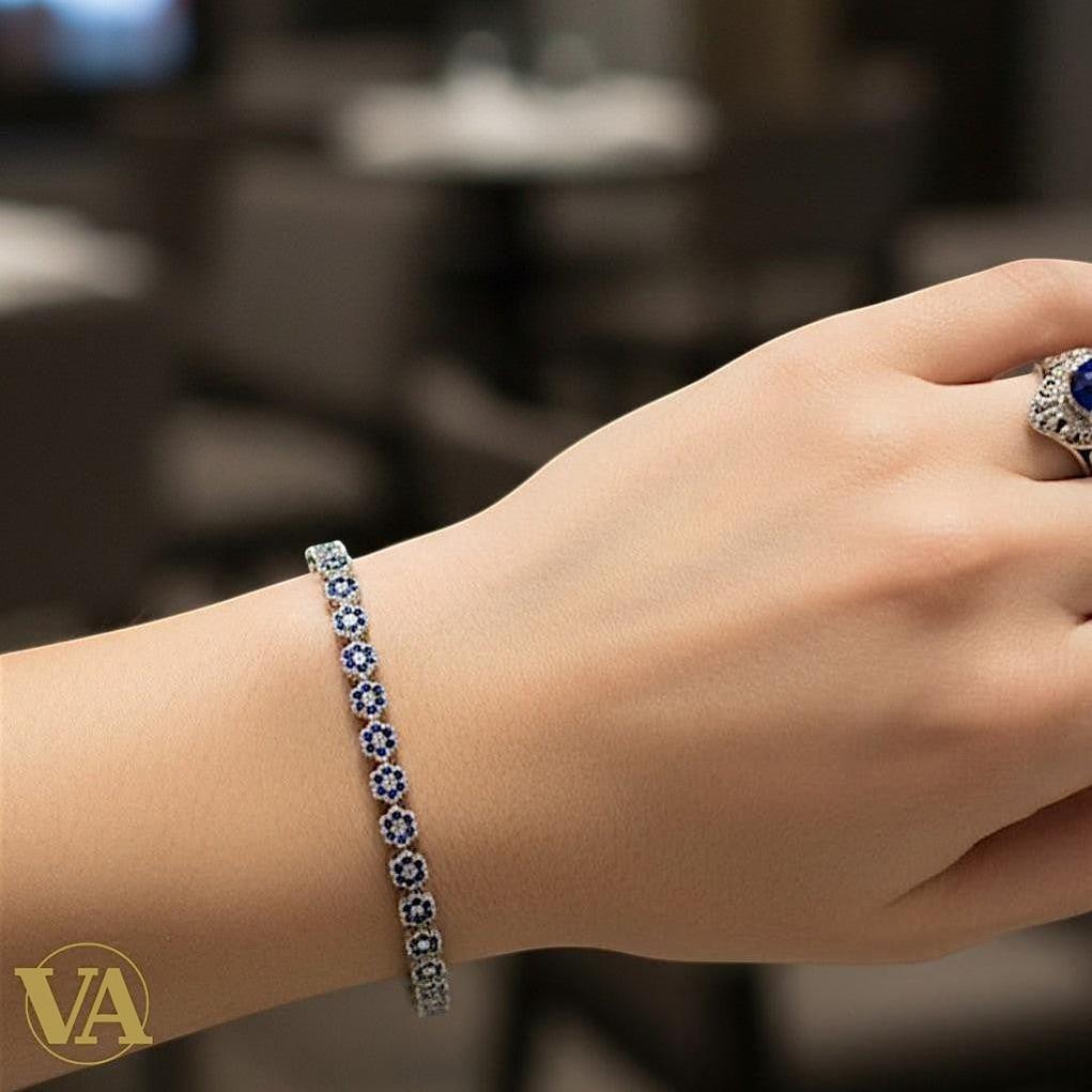 Bracelet Femme Argent 925 Oxydes Bleus – Motifs Rosace | Bijoux Vindicta