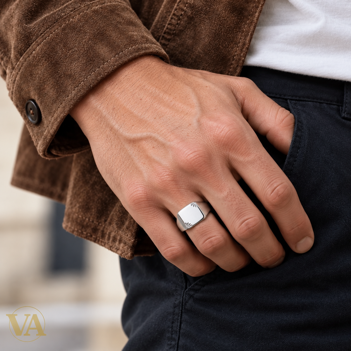 Chevalière Homme Argent 925 Rhodié – Rectangle et Éclats Gravés - Argent 925 - Vindicta