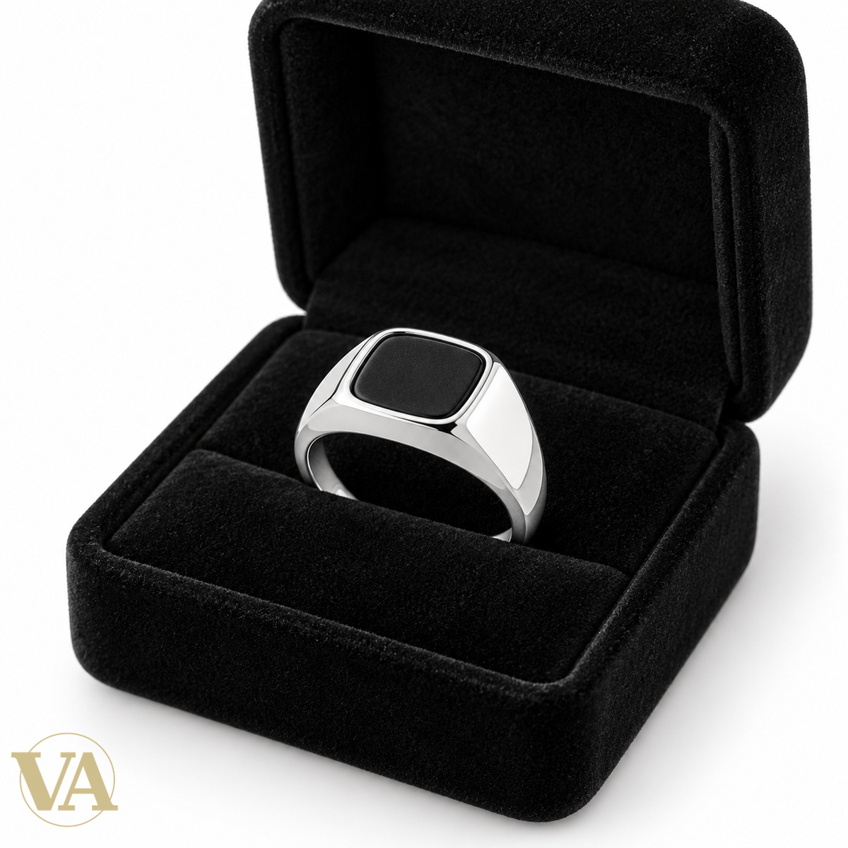 Chevalière homme argent 925 carré noir — dans son écrin