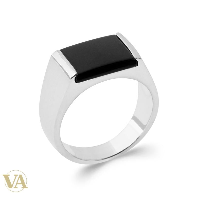 Chevalière Homme Argent 925 – Imitation Onyx et Barrettes Argentées - Argent 925 - Vindicta