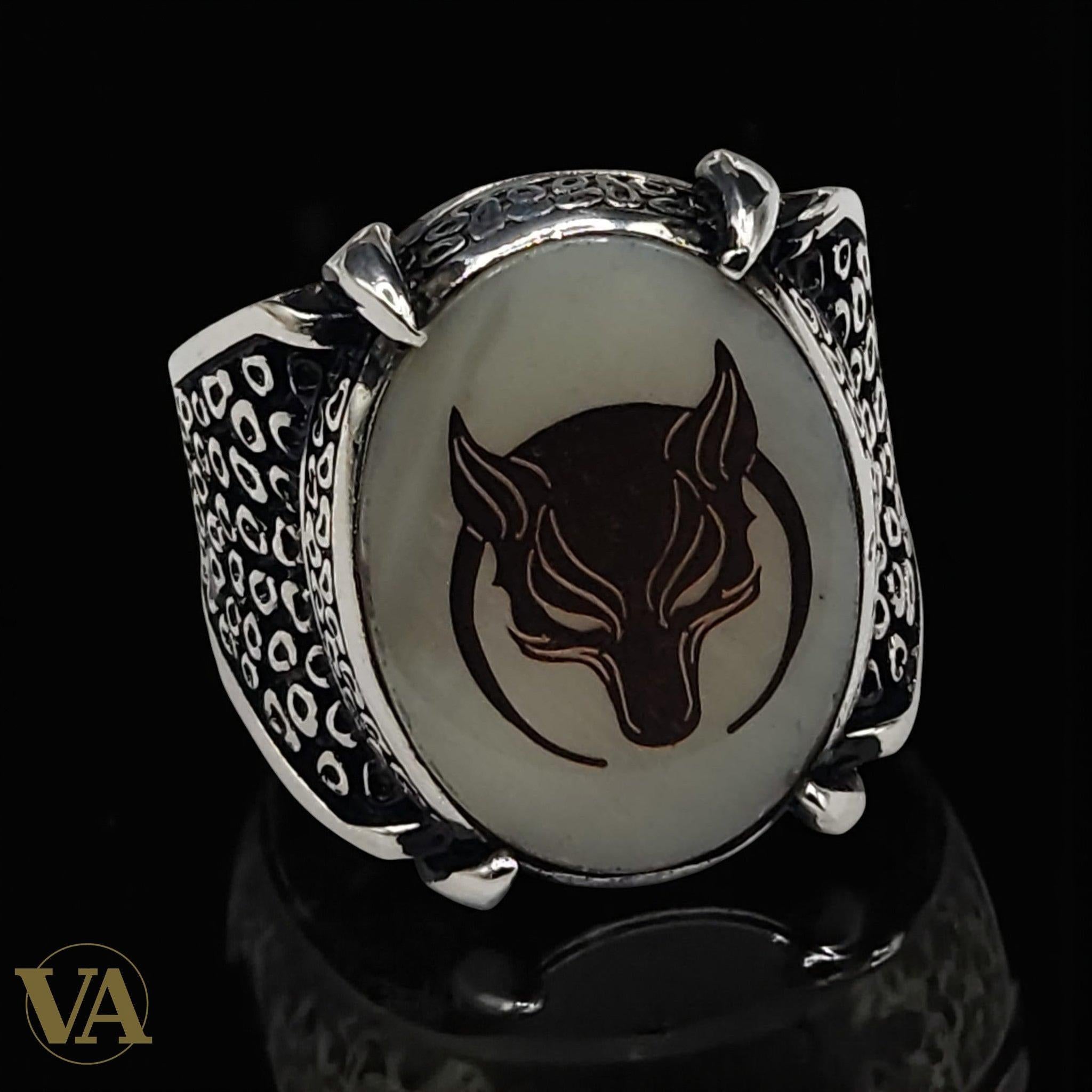 Bague Homme Argent 925 – Nacre et Plaqué Or Rose Motif Loup | Bijoux Vindicta