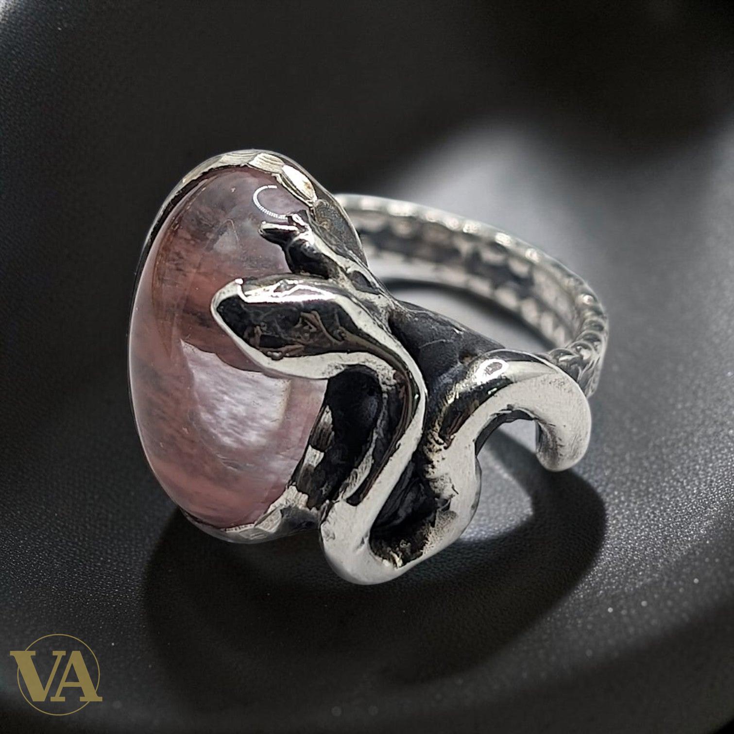 Bague femme argent 925 Quartz Rose cabochon ovale monture Serpent