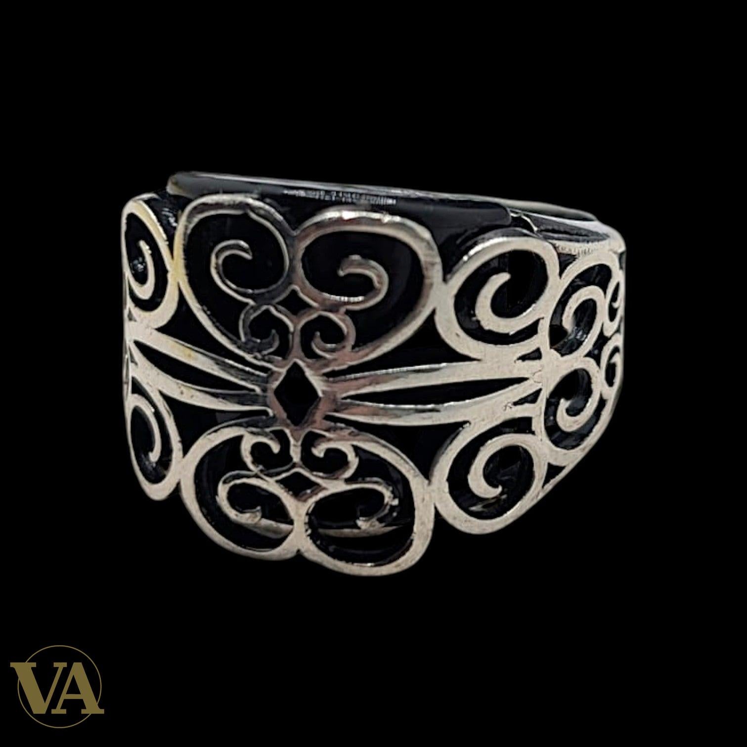 Chevalière Homme Argent 925 Onyx Noir Plateau Large Volutes Ajourées-Vindicta : Bijoux Argent 925 Massif, Luxe et Héritage