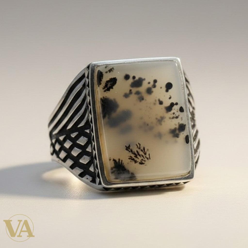 Chevalière Homme Argent 925 Agate Dendritique Carrée