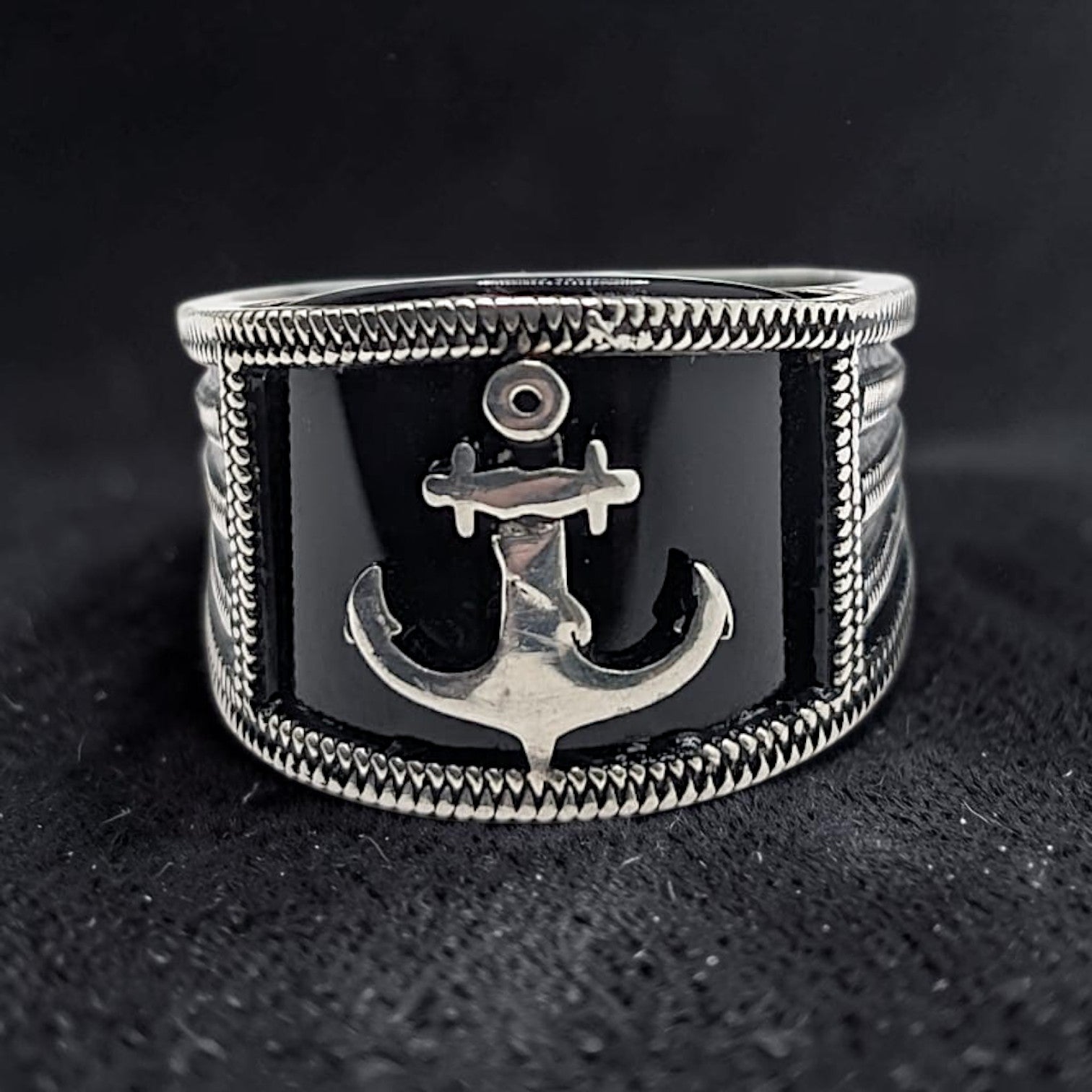 Chevalière Homme Argent 925 Onyx Noir Ancre Marine Tresse Ciselée