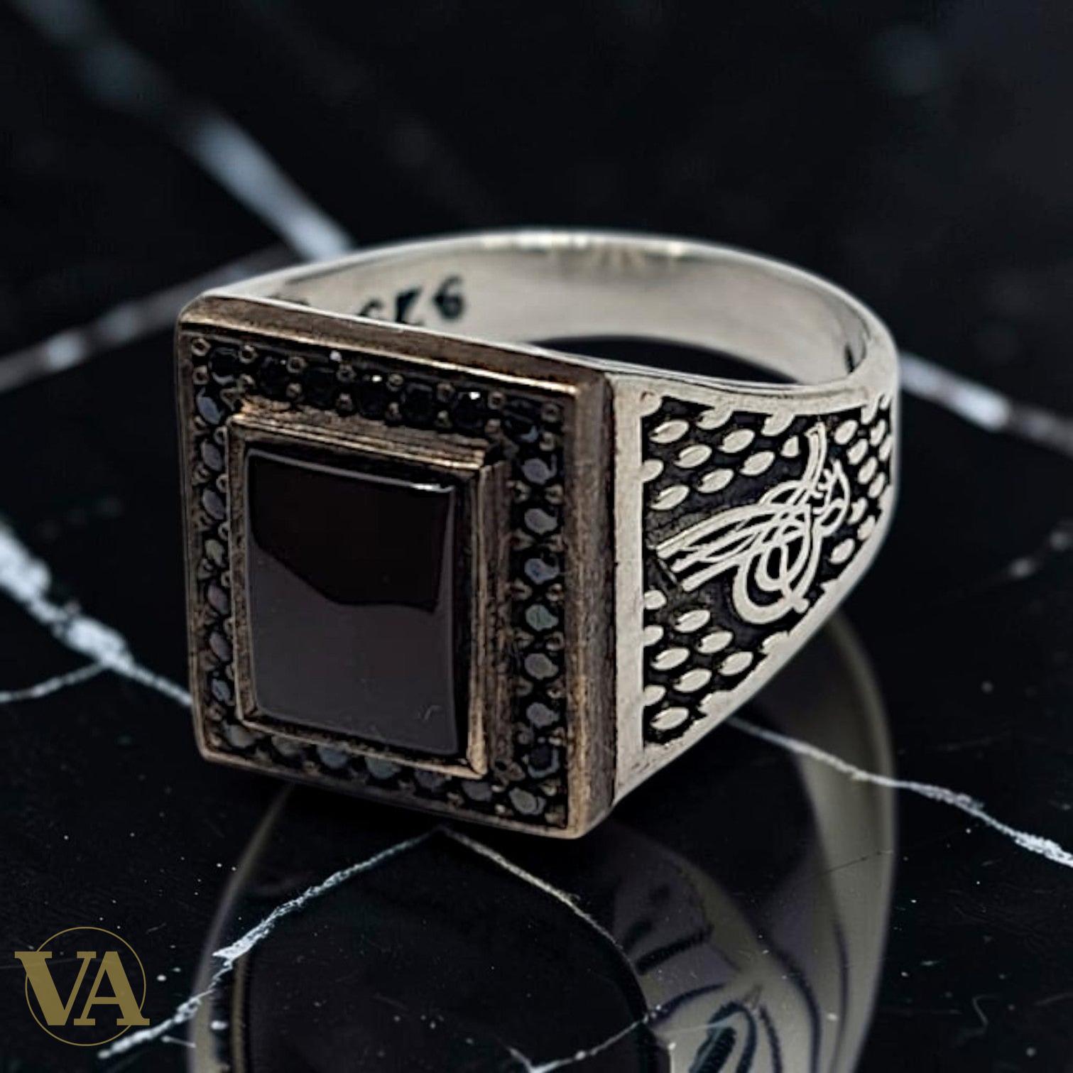 Chevalière Homme Argent 925 – Cornaline & Onyx Noir Bipartite, Tughra Ottomane & Zircons | Bijoux Vindicta