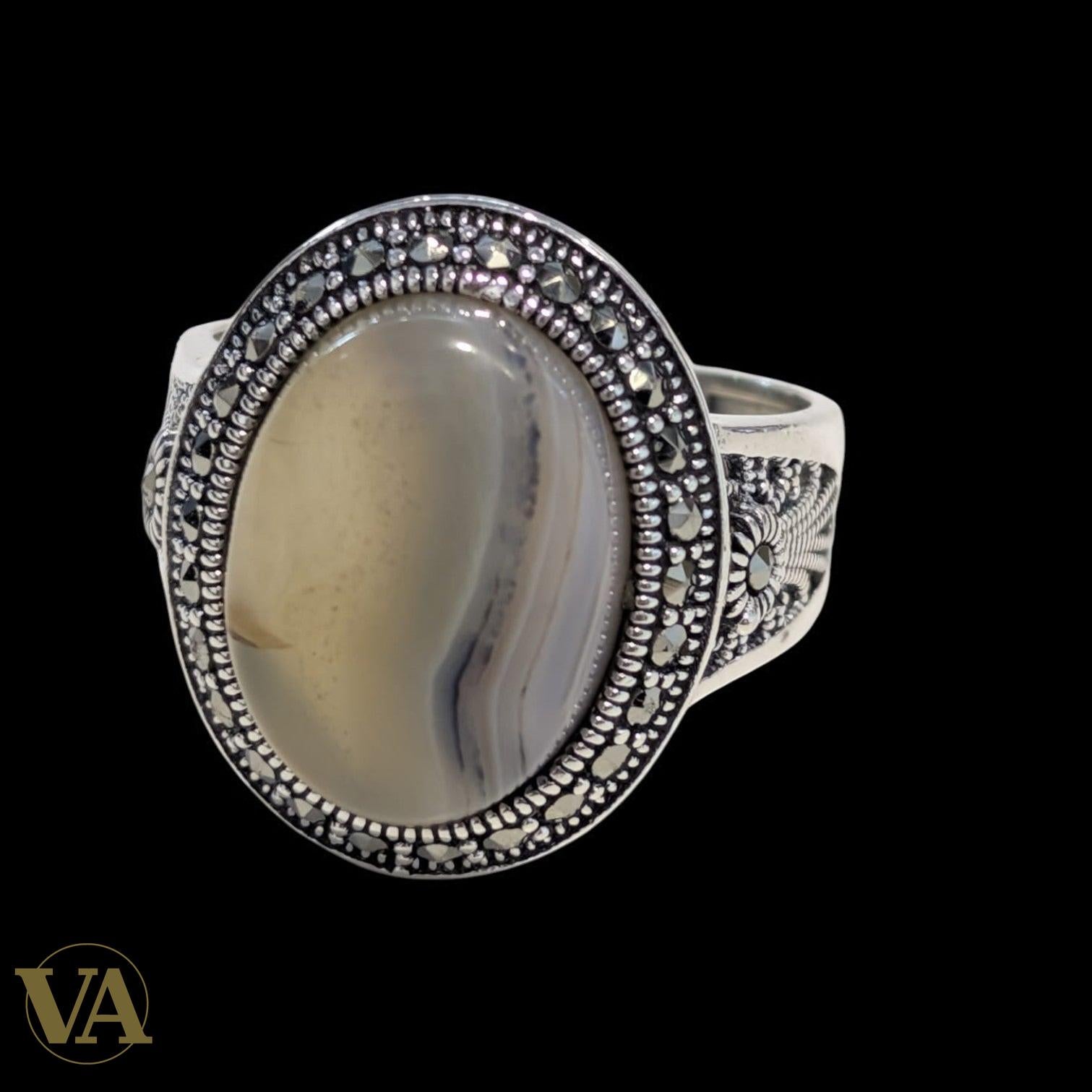 Bague Homme Argent 925 – Agate Naturelle & Marcassite