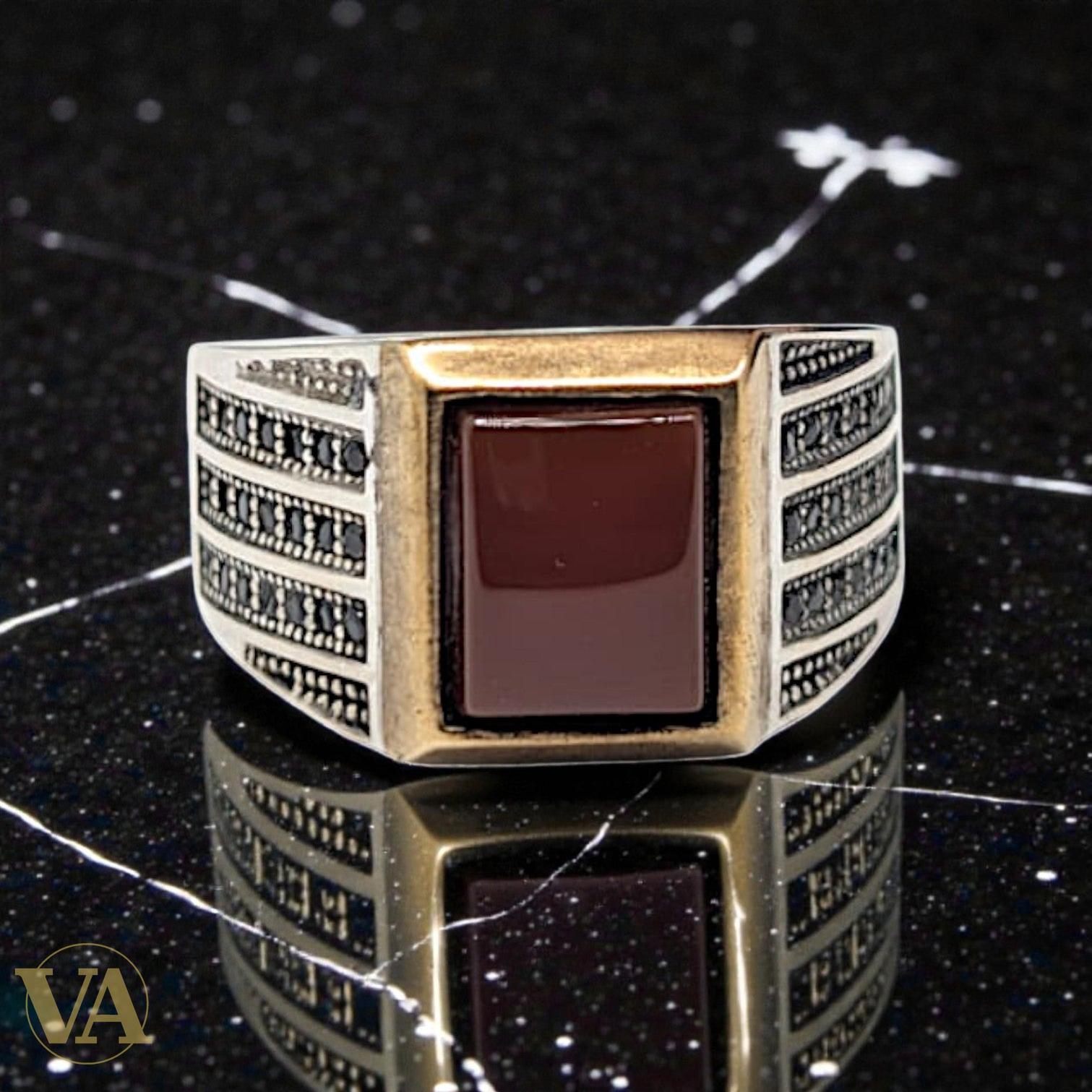 Bague homme argent 925 – Cornaline Rouge & Marcassite Art Déco | Bijoux Vindicta