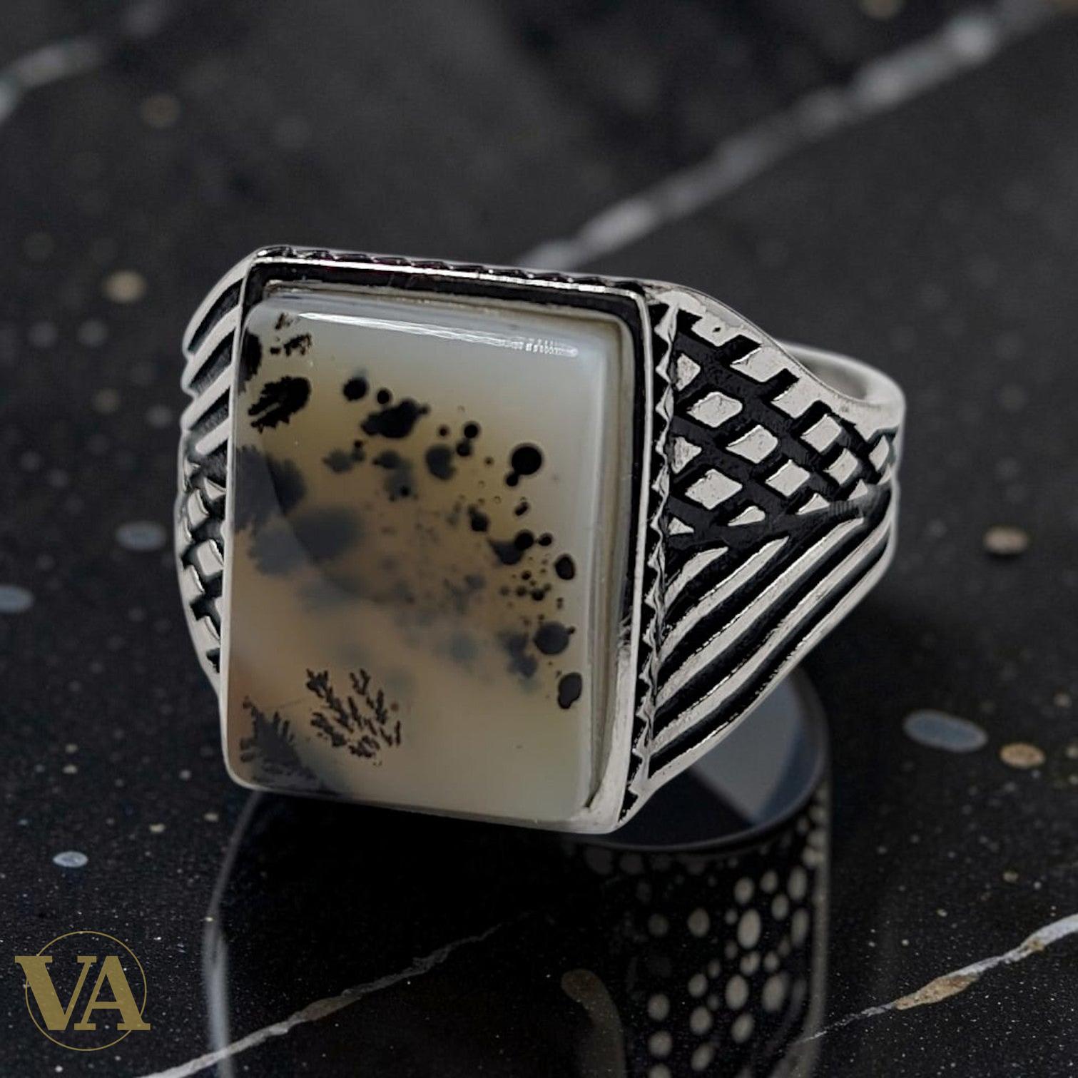 Chevalière Homme Argent 925 Agate Dendritique Carrée