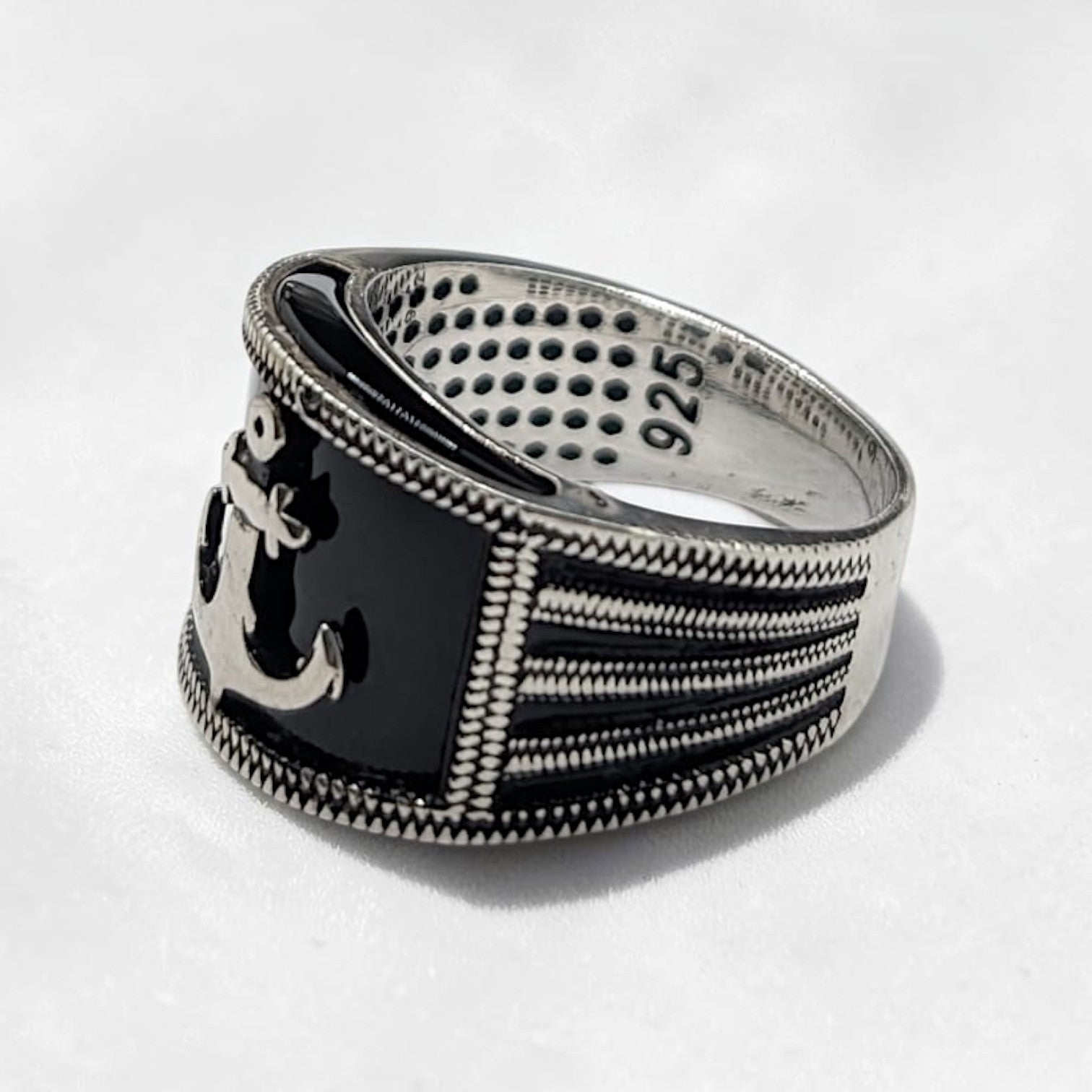 Chevalière Homme Argent 925 Onyx Noir Ancre Marine Tresse Ciselée