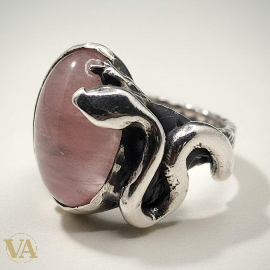 Bague femme argent 925 Quartz Rose cabochon ovale monture Serpent