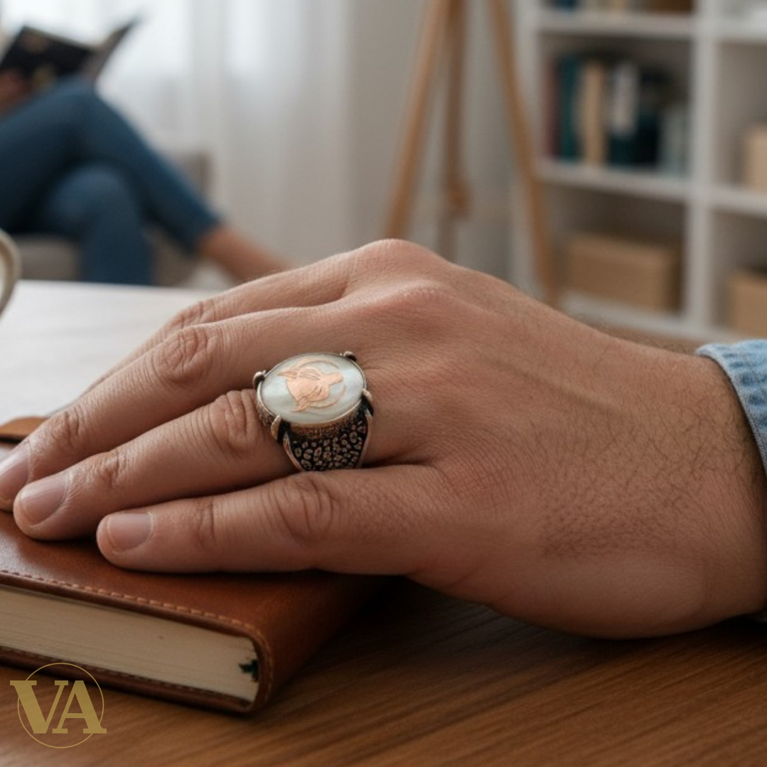 Bague Homme Argent 925 – Nacre et Plaqué Or Rose Motif Loup