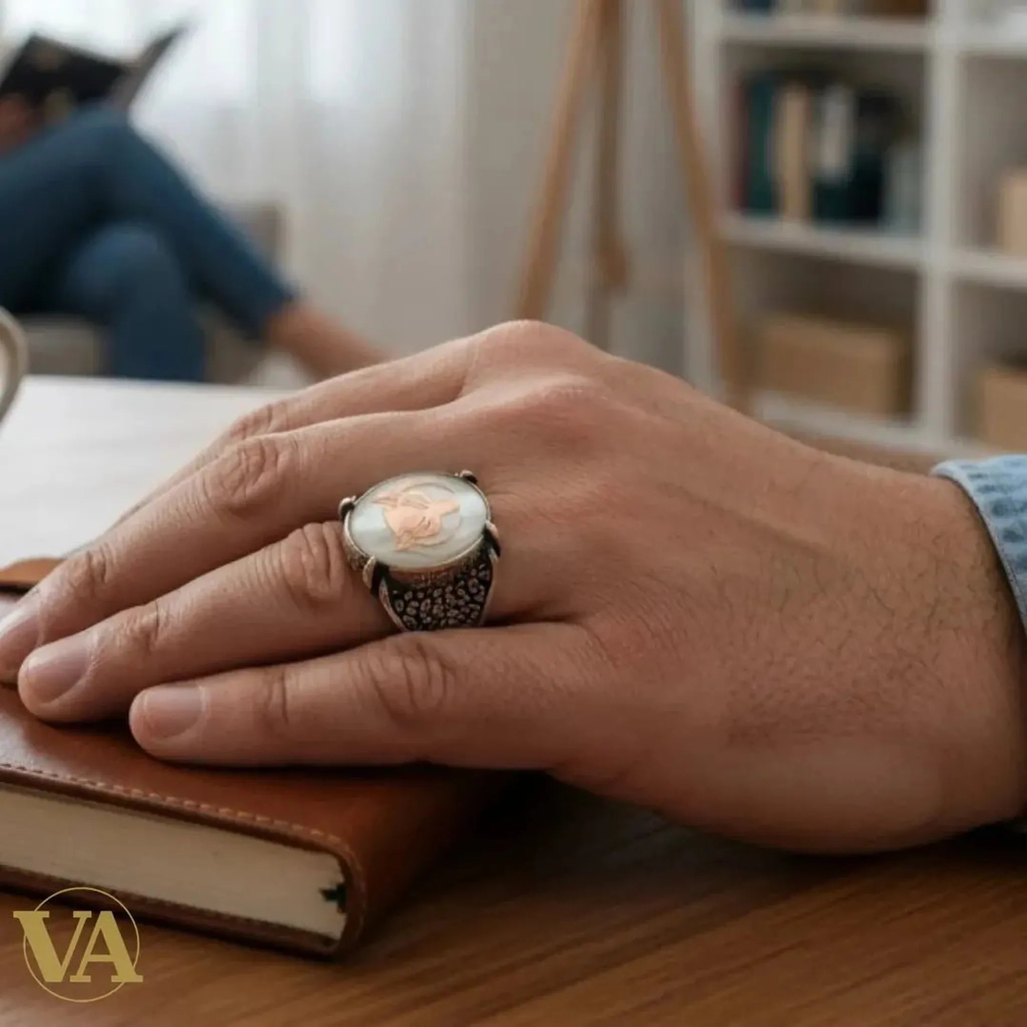 Bague Homme Argent 925 – Nacre et Plaqué Or Rose Motif Loup | Bijoux Vindicta