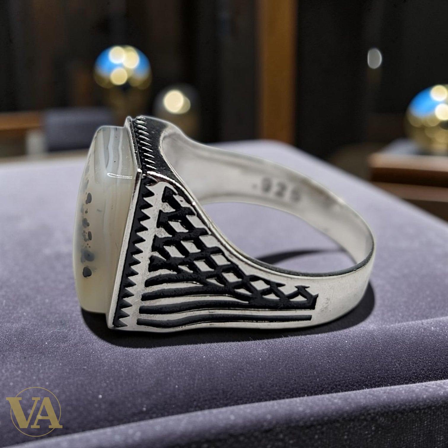 Chevalière Homme Argent 925 Agate Dendritique Carrée