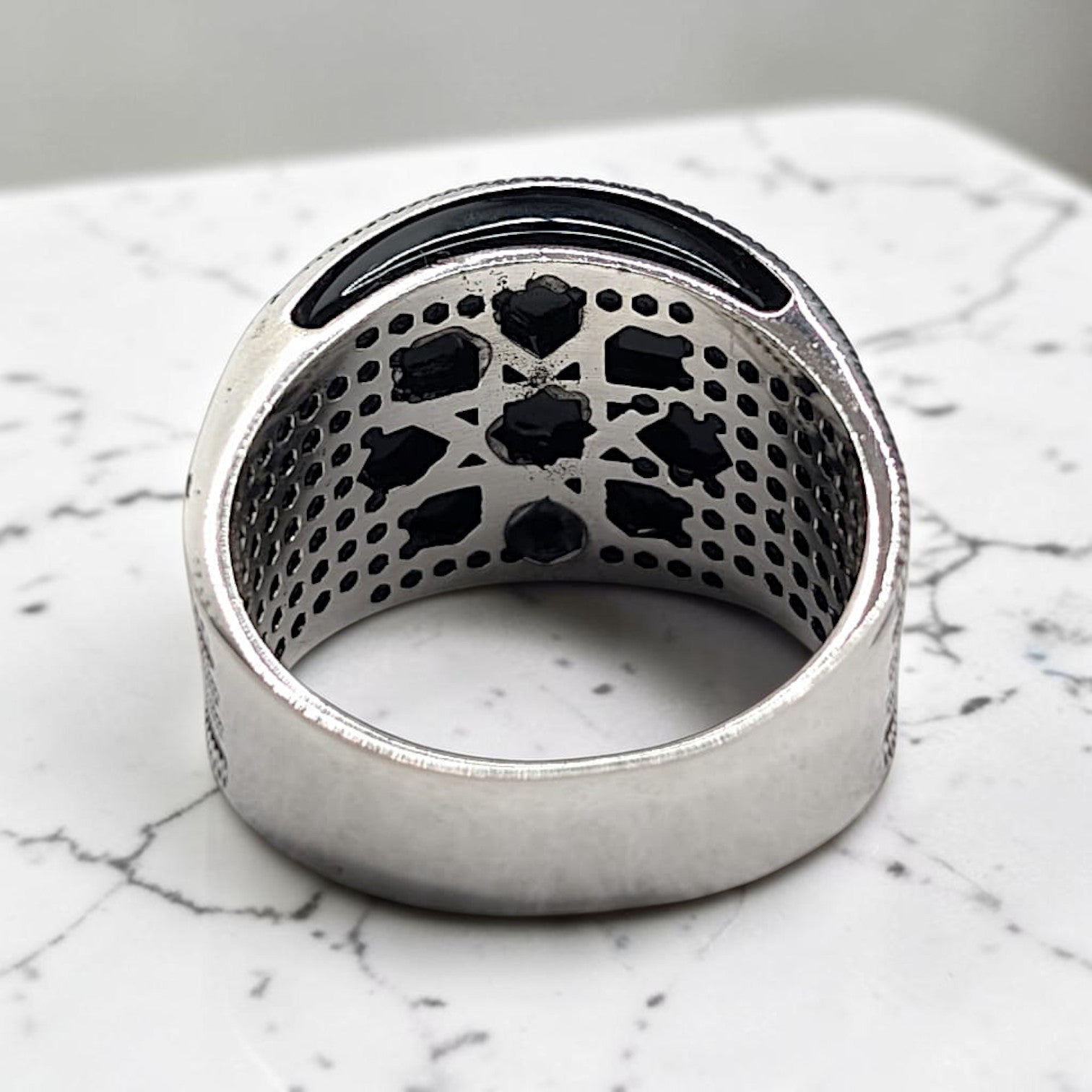 Chevalière Homme Argent 925 Onyx Noir Ancre Marine Tresse Ciselée