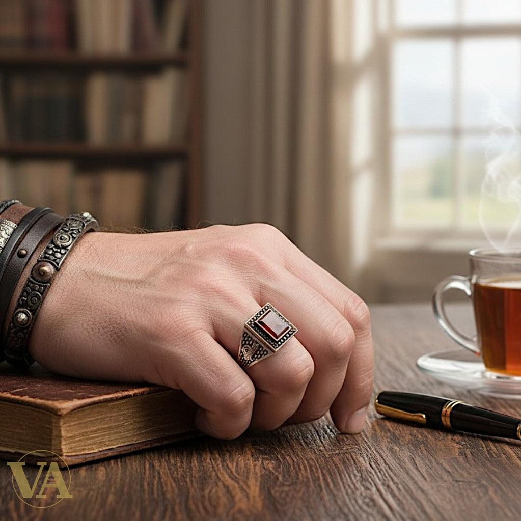 Chevalière Homme Argent 925 – Cornaline & Onyx Noir Bipartite, Tughra Ottomane & Zircons