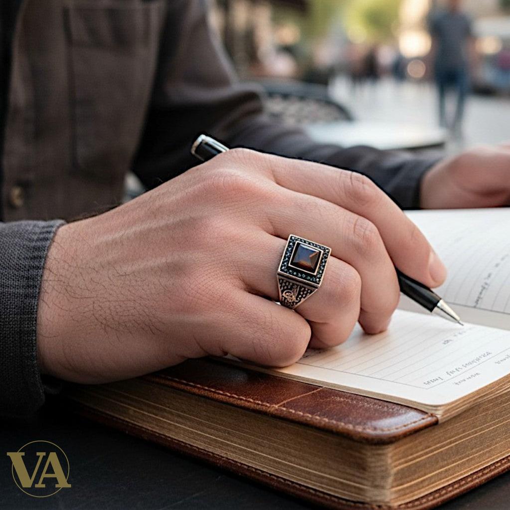 Chevalière Homme Argent 925 – Cornaline & Onyx Noir Bipartite, Tughra Ottomane & Zircons | Bijoux Vindicta