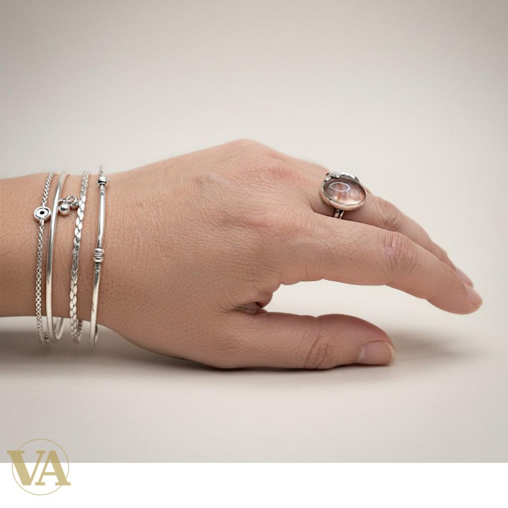Bague femme argent 925 Quartz Rose cabochon ovale monture Serpent
