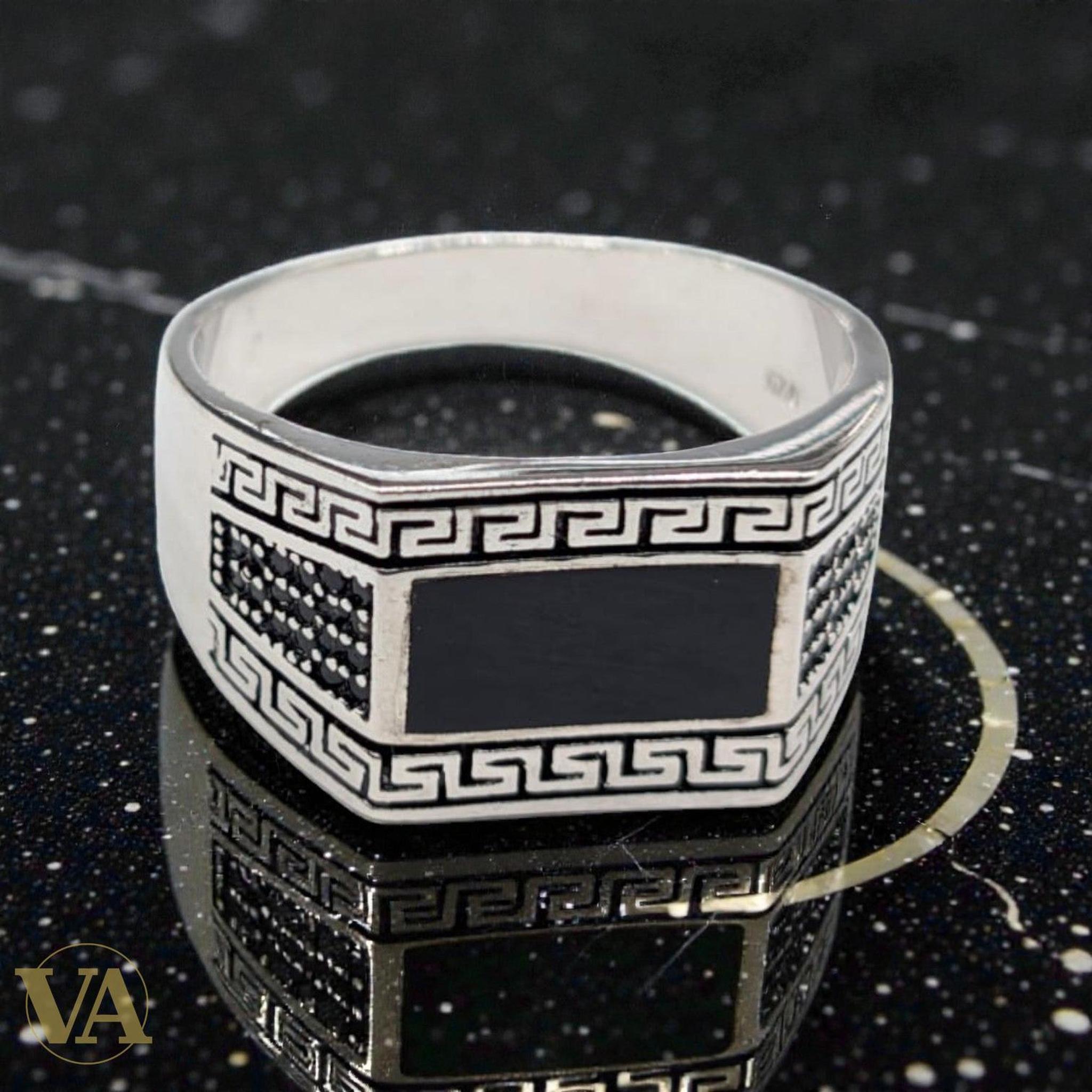 Bague Homme Argent 925 Onyx Noir Rectangulaire – Double Méandre Grec & Marcassites | Bijoux Vindicta