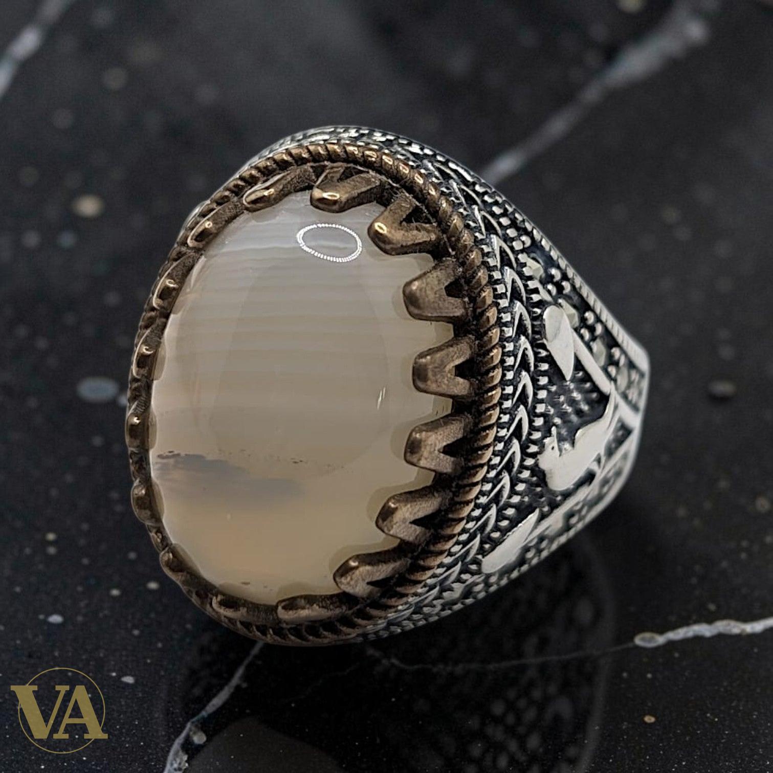 Chevalière Homme Argent 925 Agate Grise Sertissage Griffe Ottoman