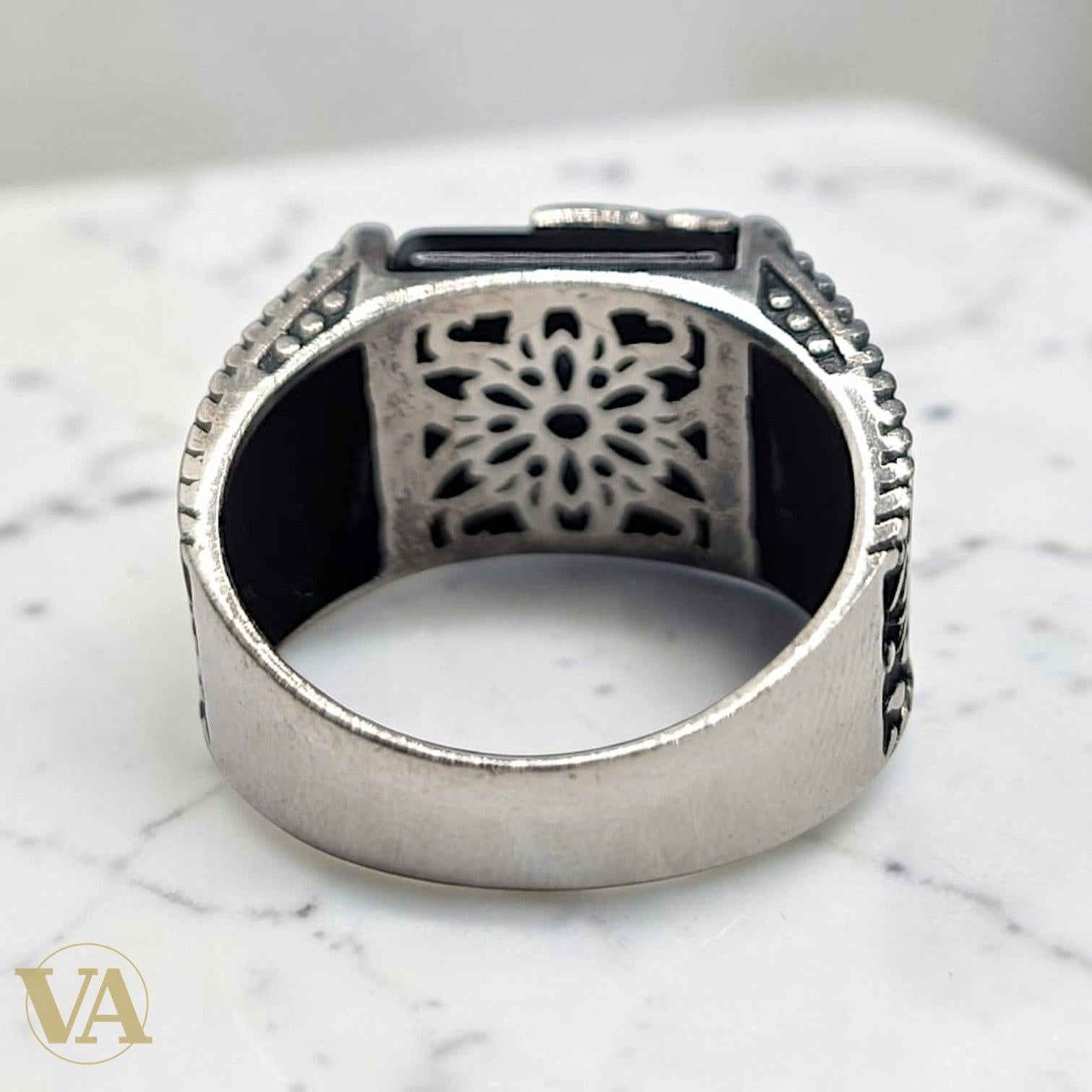 Chevalière Homme Argent 925 Onyx Noir Calligraphie Ajourée Arabesques - Argent 925 - Vindicta