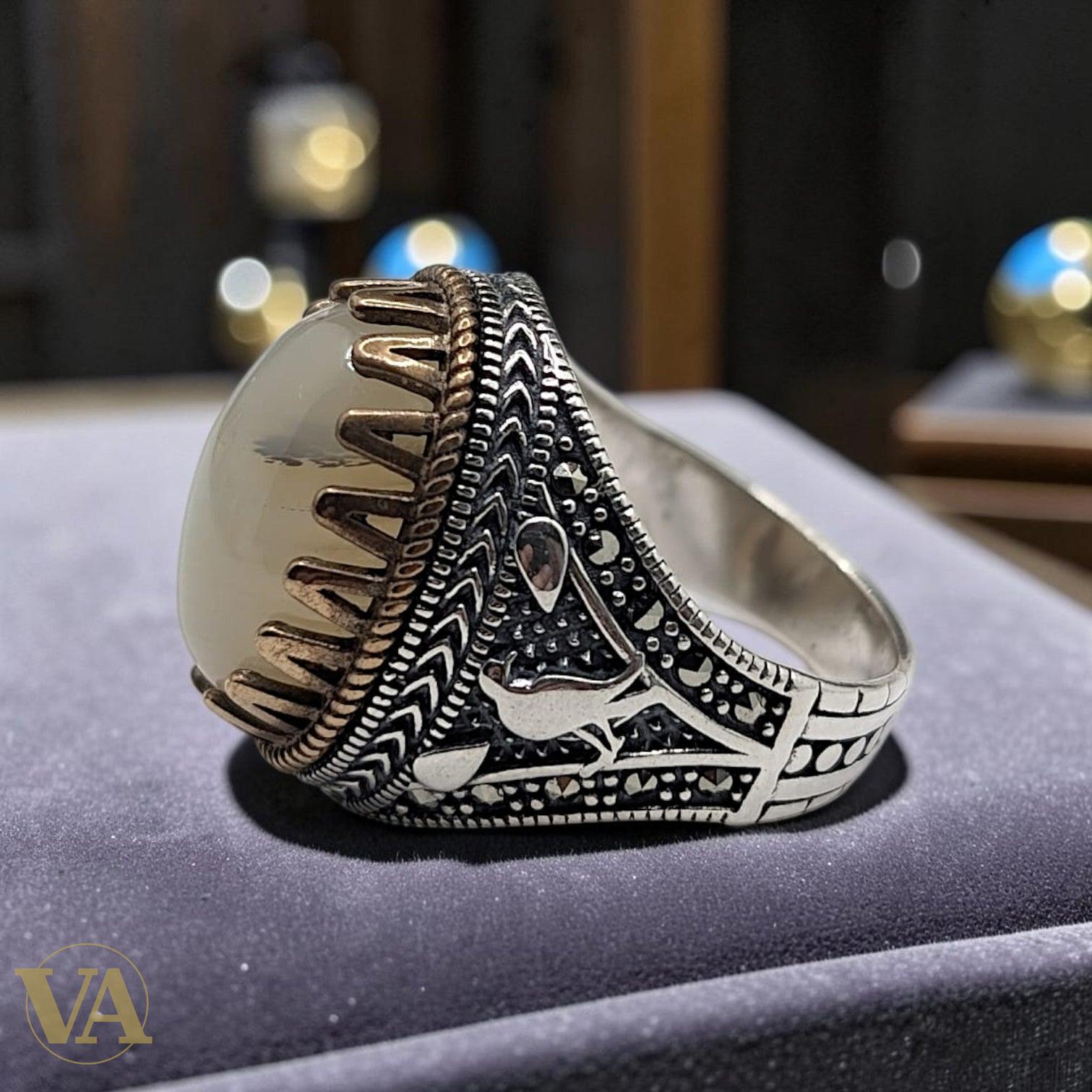 Chevalière Homme Argent 925 Agate Grise Sertissage Griffe Ottoman