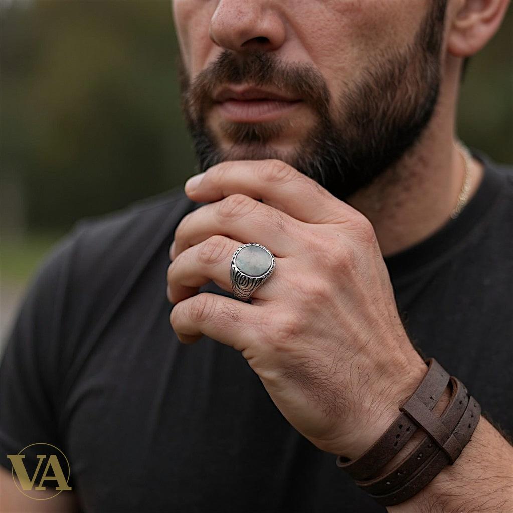 Chevalière Homme Argent 925 & Nacre Noire – Vagues Art Nouveau Ciselées