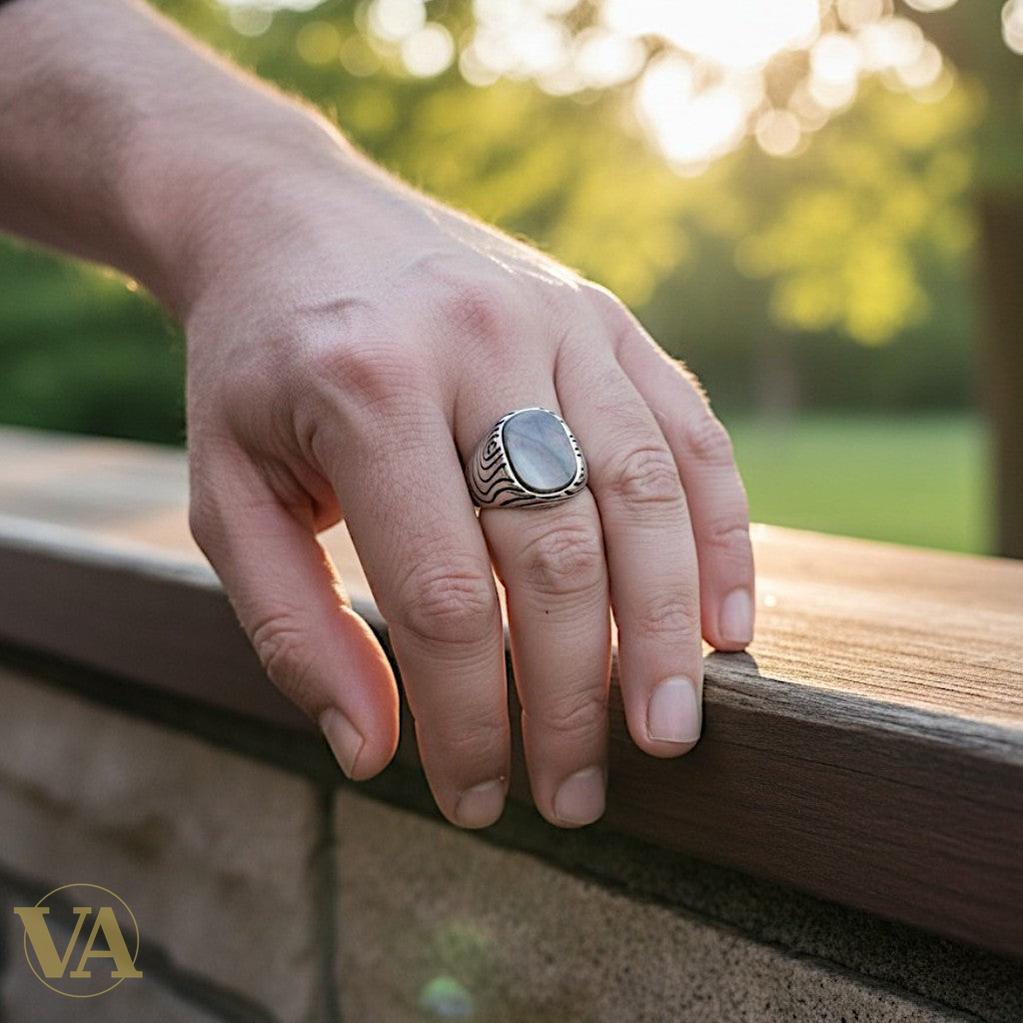 Chevalière Homme Argent 925 & Nacre Noire – Vagues Art Nouveau Ciselées | Bijoux Vindicta